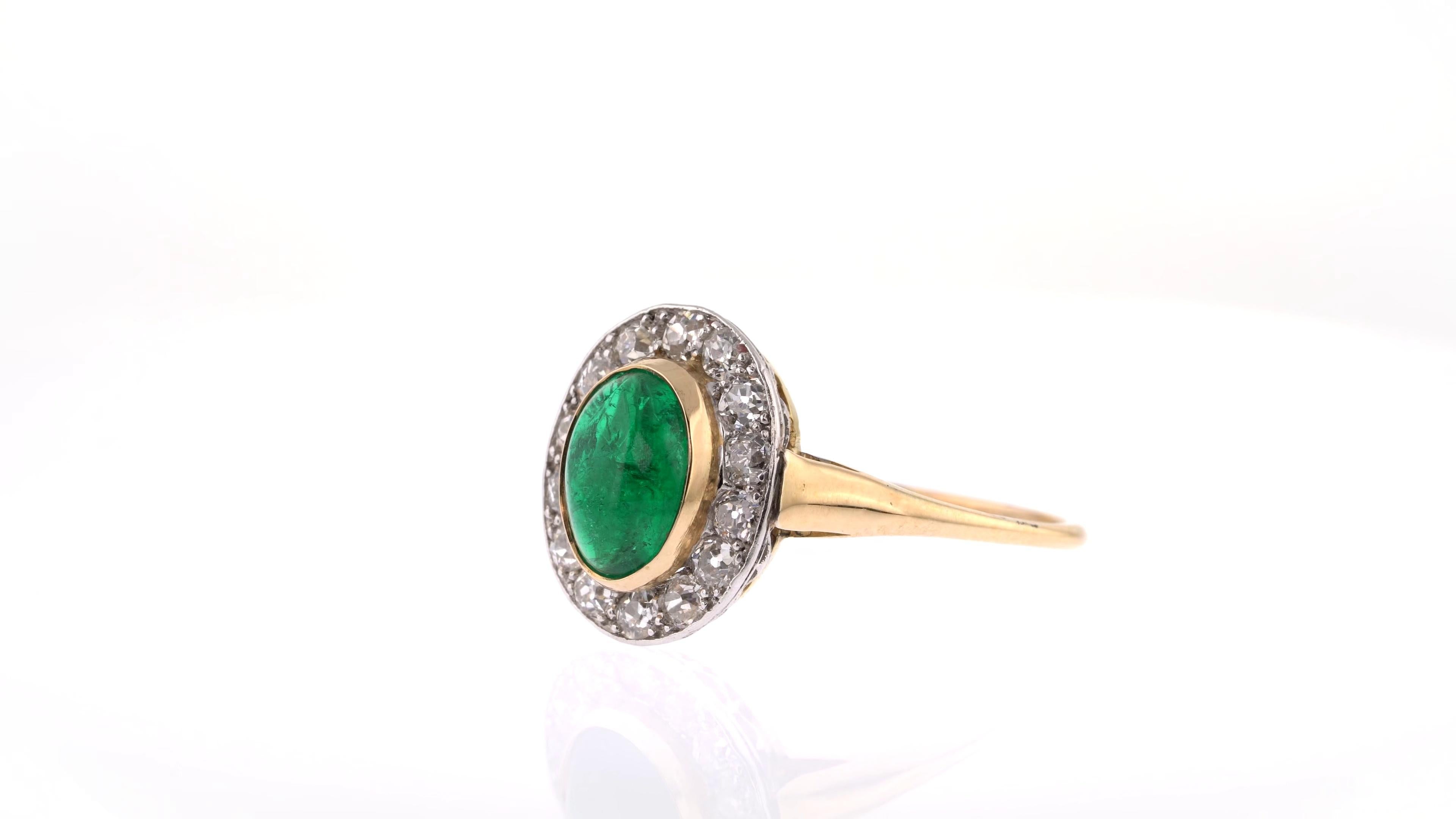 Women's or Men's Victorian Cabochon Emerald Ring with Striking White Diamond Surround For Sale