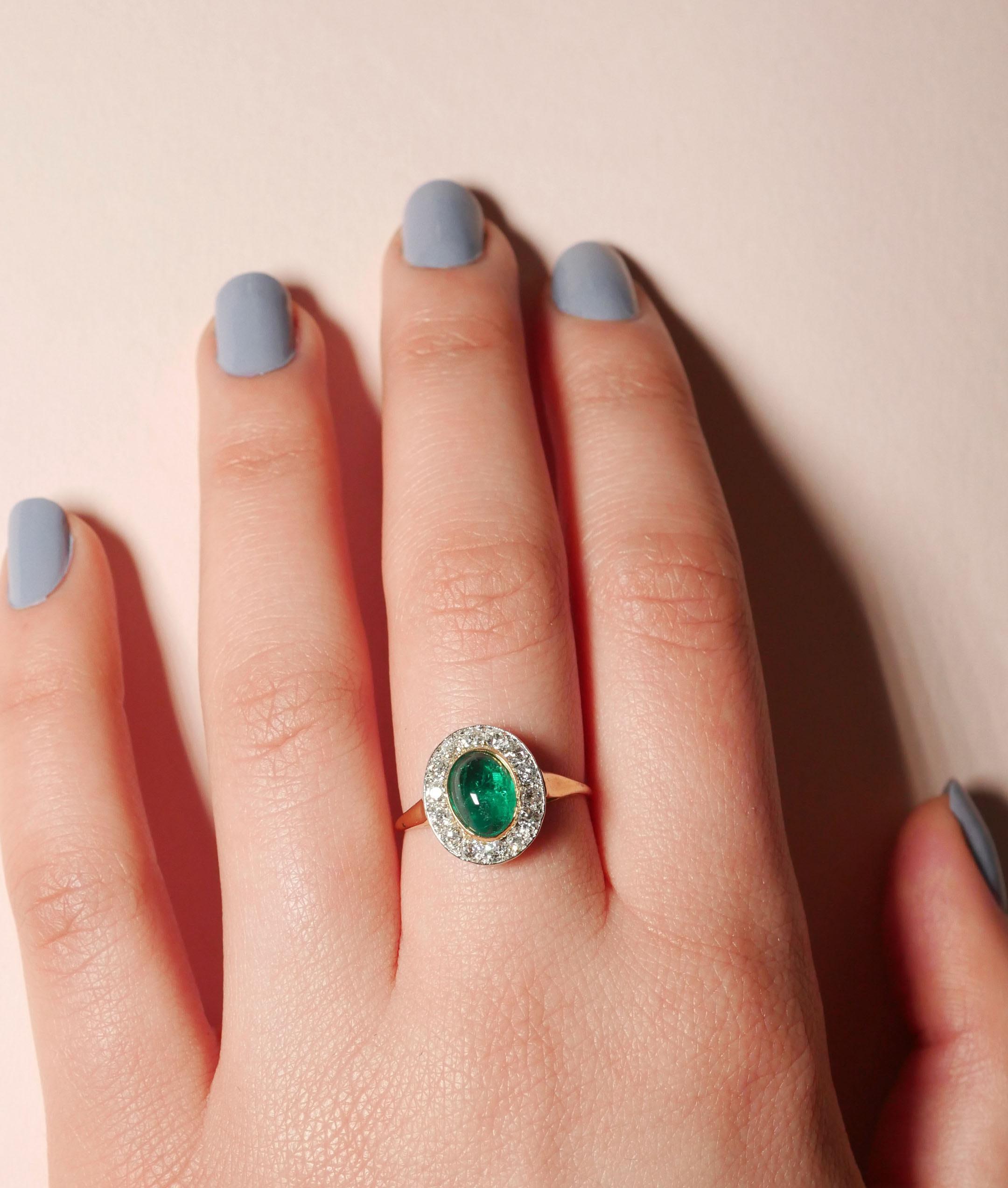 Late Victorian Victorian Cabochon Emerald Ring with Striking White Diamond Surround For Sale