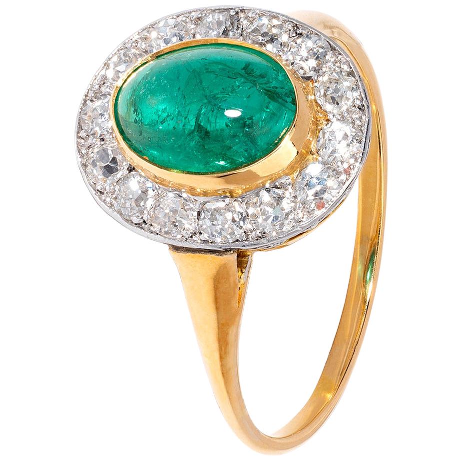 Victorian Cabochon Emerald Ring with Striking White Diamond Surround