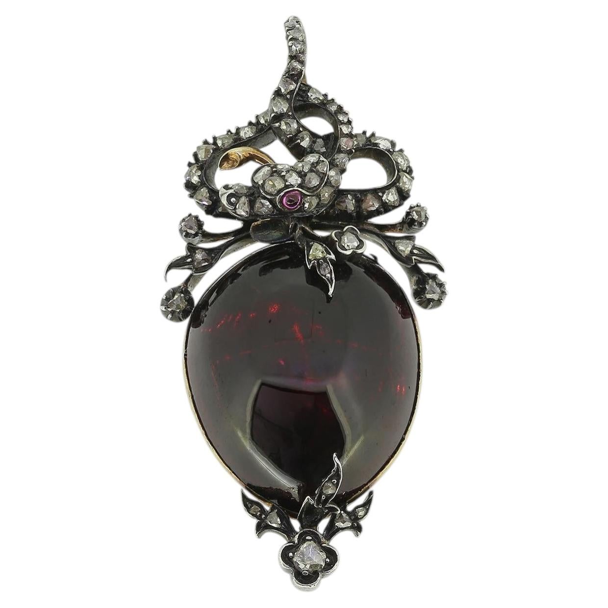 Victorian Cabochon Garnet and Diamond Snake Locket Pendant