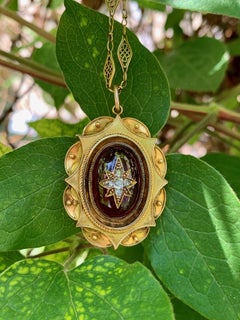 Victorian Cabochon Garnet and Rosecut Diamond Locket on 18k Gold French Chain