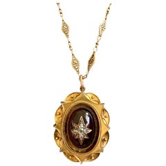 Victorian Cabochon Garnet and Rosecut Diamond Locket on 18k Gold French Chain