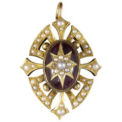 Victorian Cabochon Garnet and Seed Pearl Pendant in 15 Carat Yellow Gold