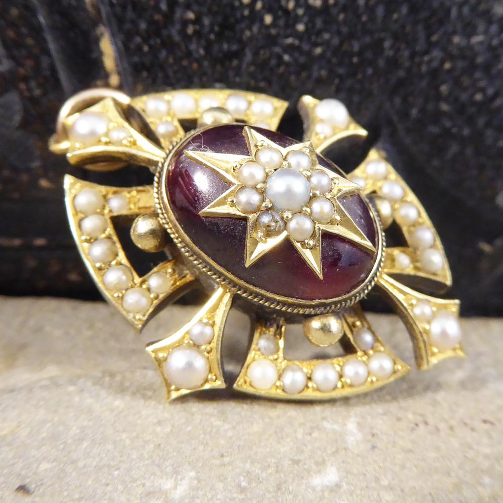 Victorian Cabochon Garnet and Seed Pearl Pendant in 15 Carat Yellow Gold 1