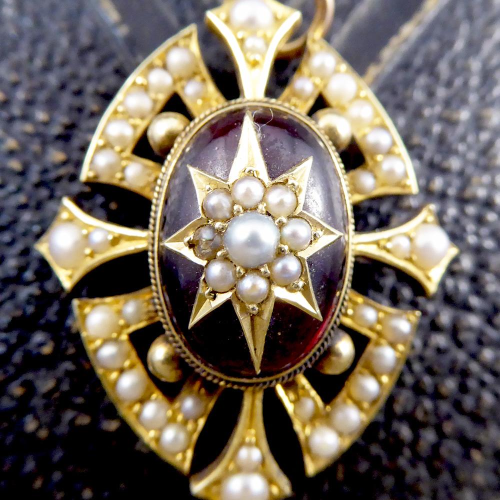 Victorian Cabochon Garnet and Seed Pearl Pendant in 15 Carat Yellow Gold 3