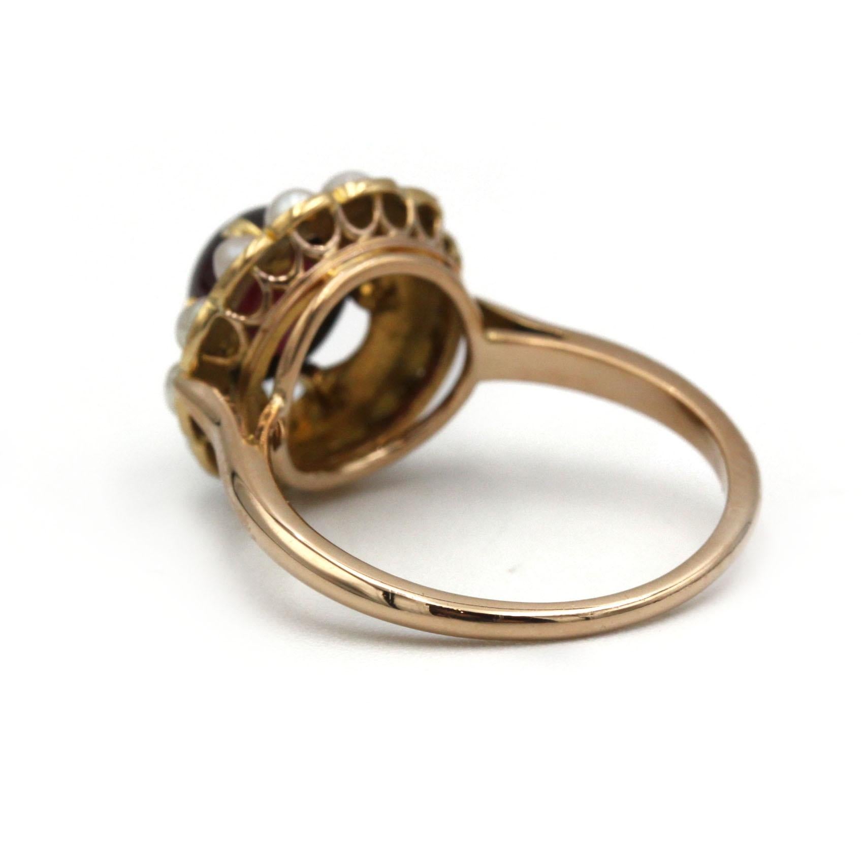 Women's Victorian Cabochon Garnet & Seed Pearl Cluster Ring in 18K Yellow Gold For Sale