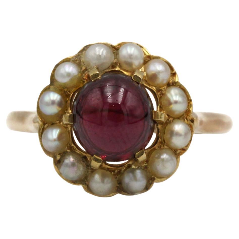Victorian Cabochon Garnet & Seed Pearl Cluster Ring in 18K Yellow Gold For Sale