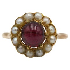 Antique Victorian Cabochon Garnet & Seed Pearl Cluster Ring in 18K Yellow Gold
