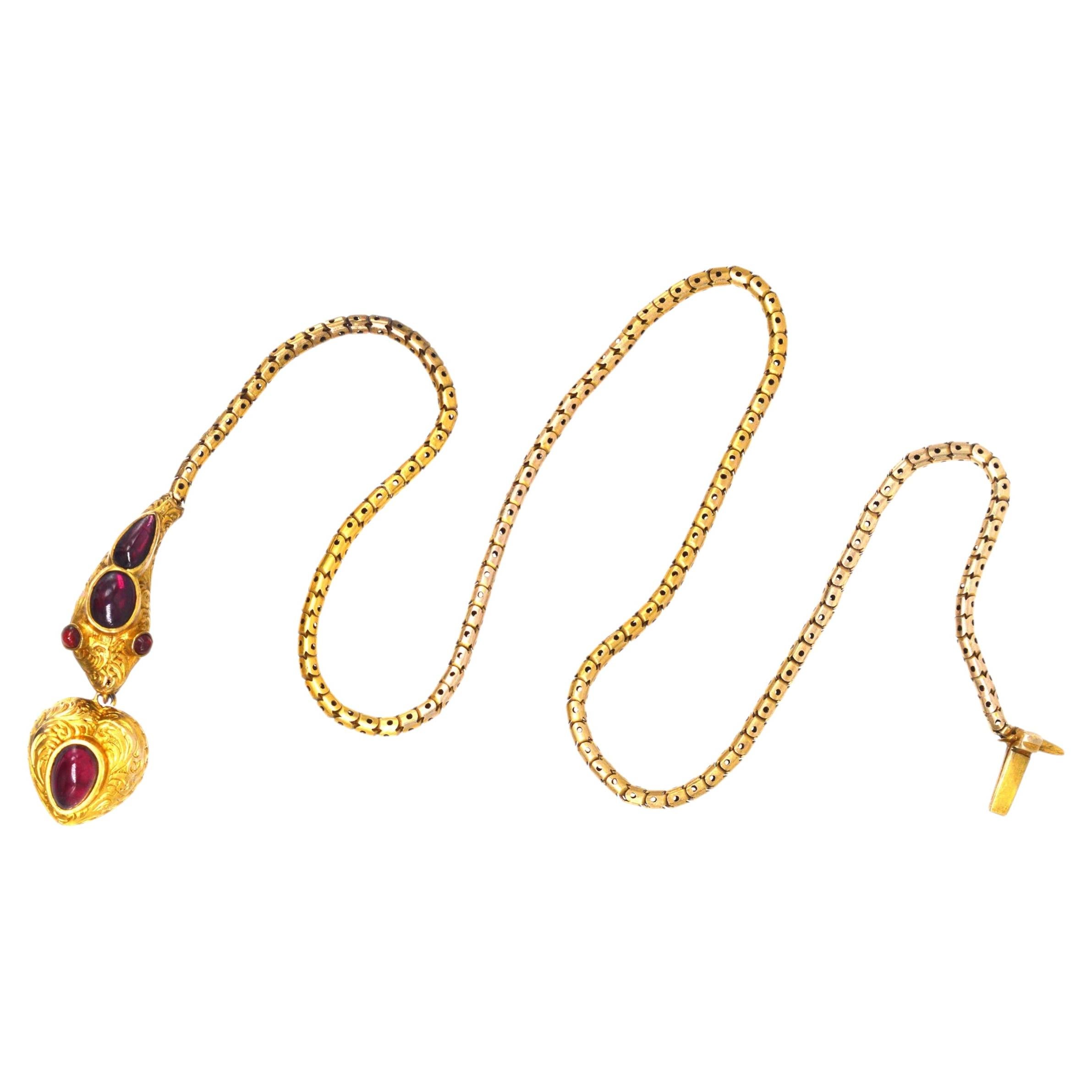 Collana vittoriana con serpente di granato cabochon e medaglione a cuore con custodia originale