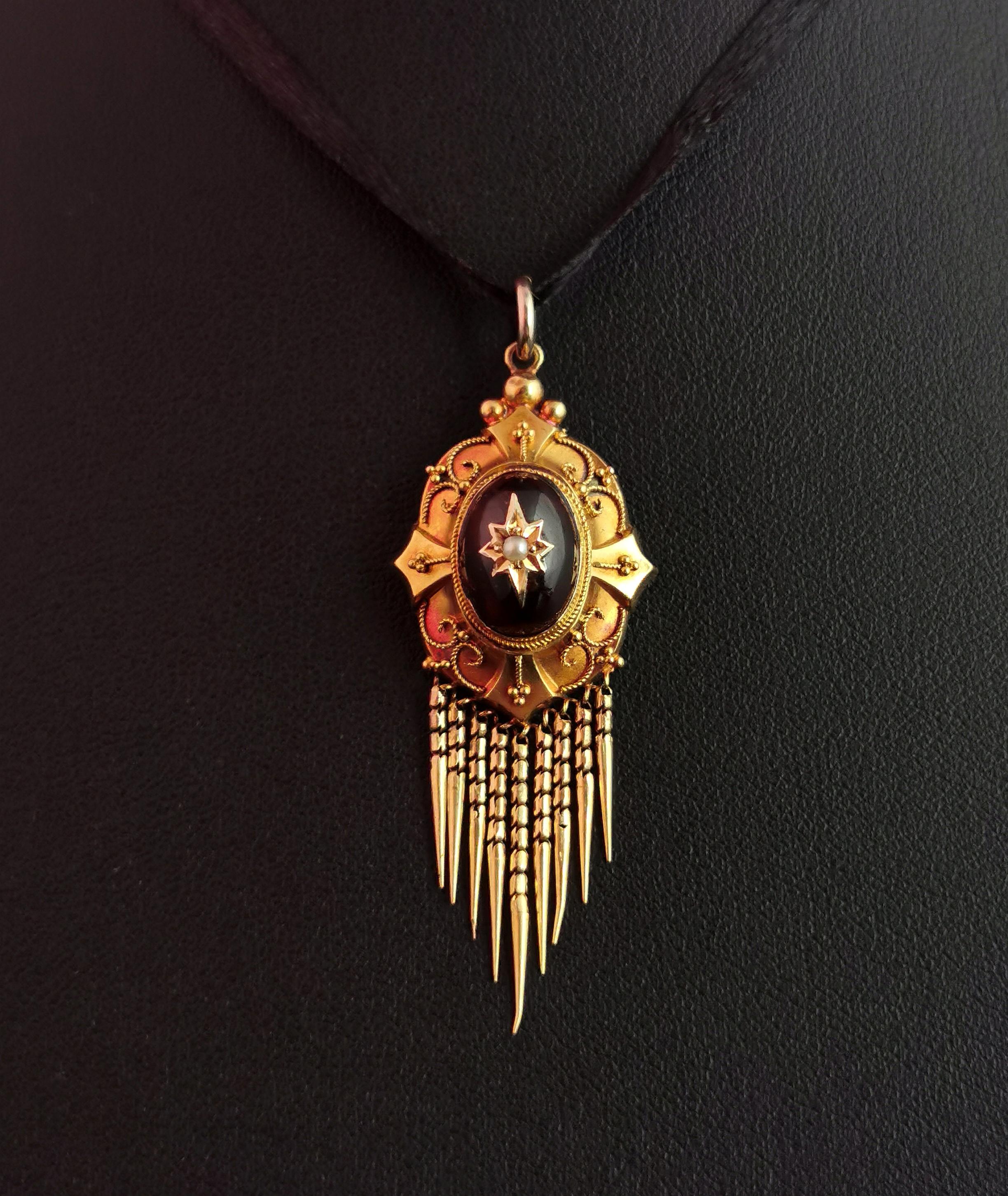 Victorian Cabochon garnet tassel pendant, 9ct gold, Pearl star  7
