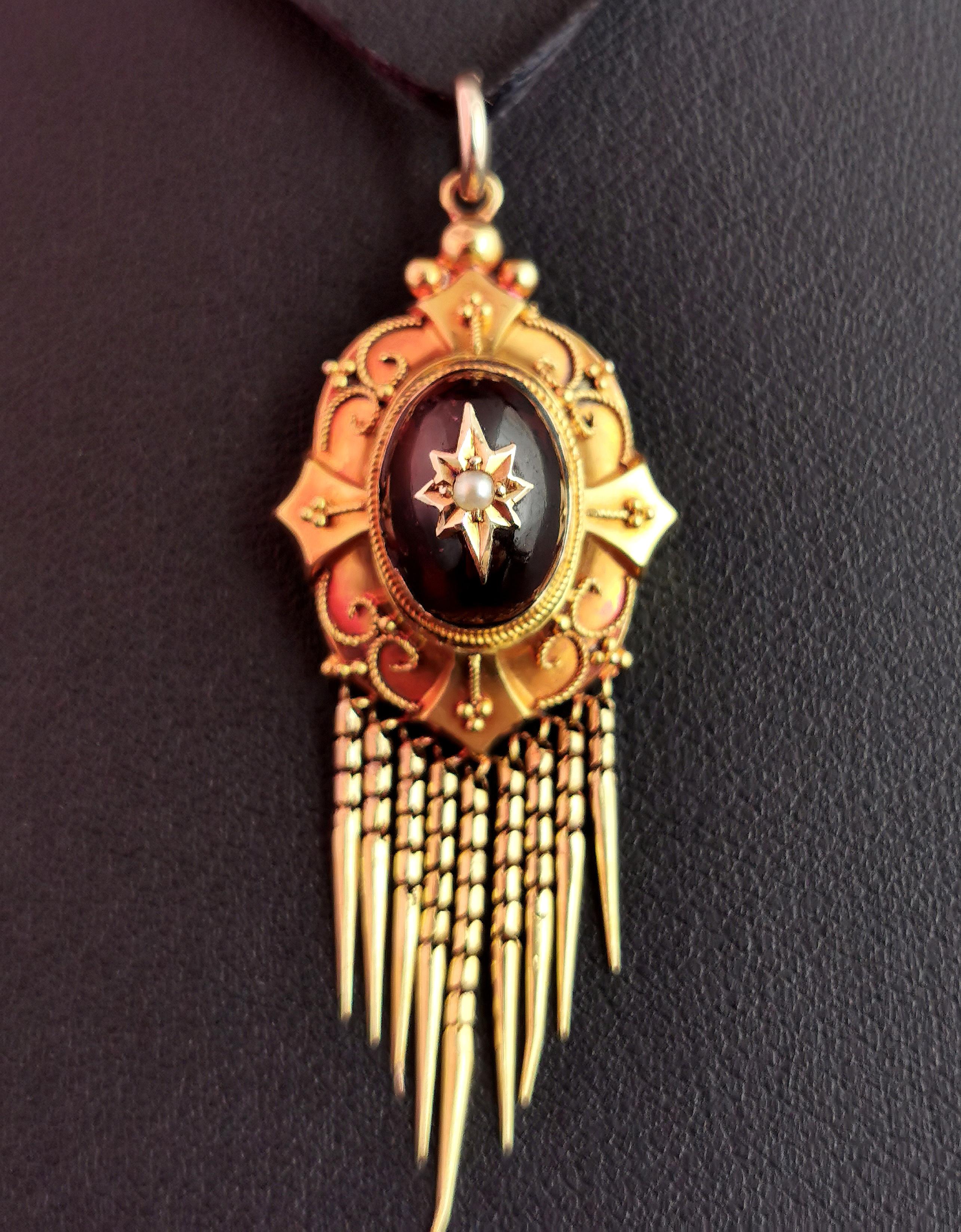 Victorian Cabochon garnet tassel pendant, 9ct gold, Pearl star  10