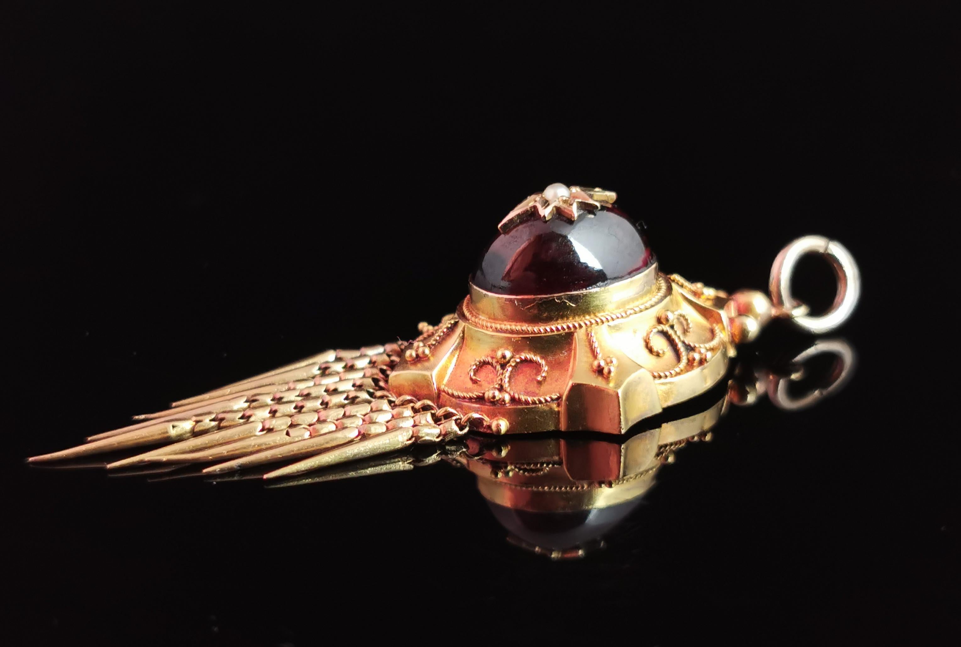 Victorian Cabochon garnet tassel pendant, 9ct gold, Pearl star  2