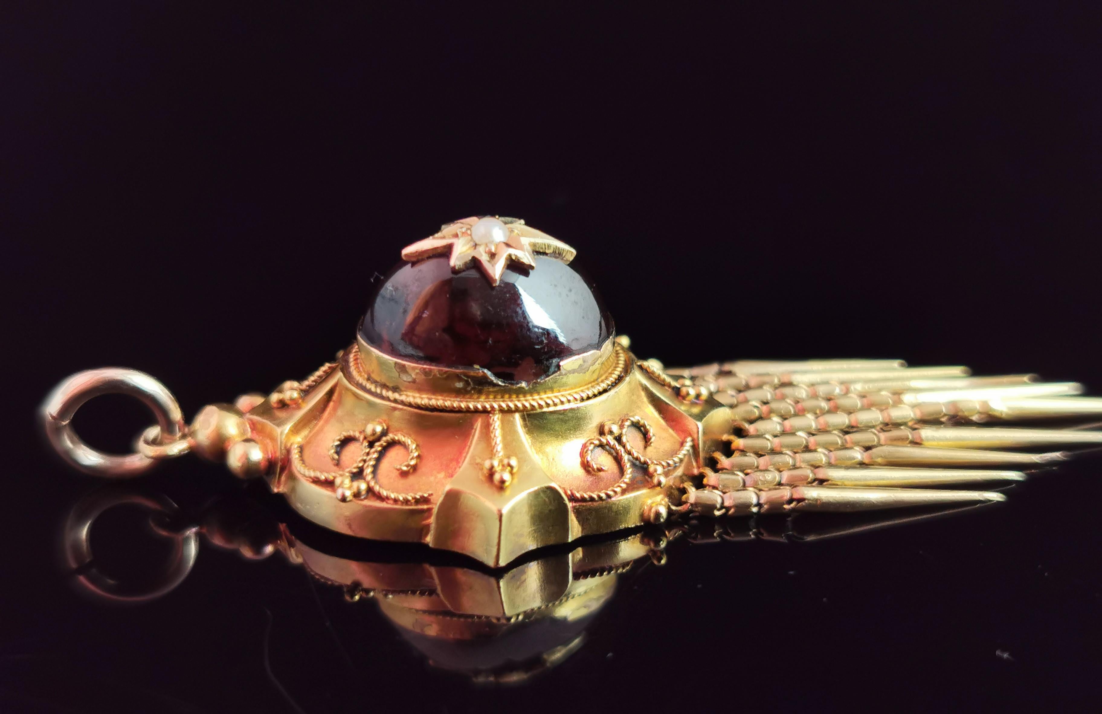 Victorian Cabochon garnet tassel pendant, 9ct gold, Pearl star  3