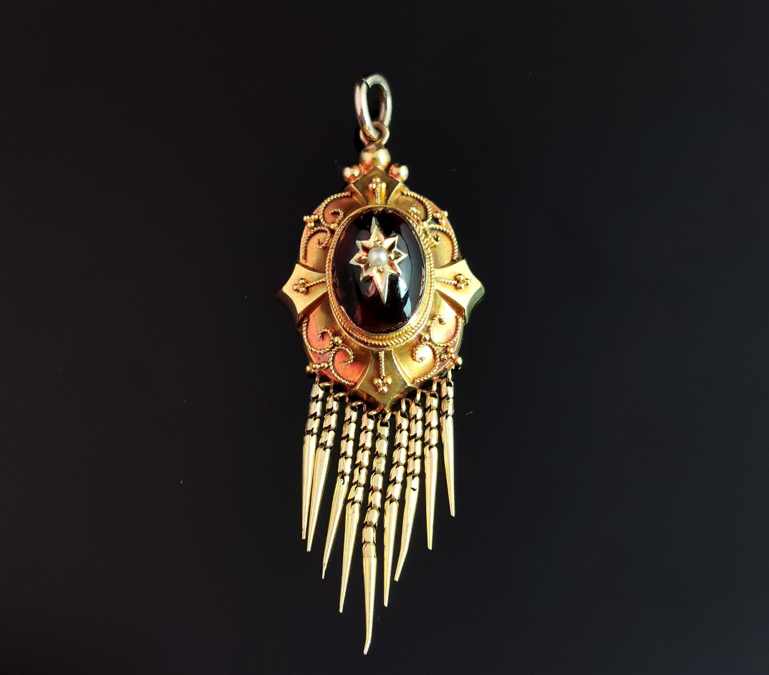 Victorian Cabochon garnet tassel pendant, 9ct gold, Pearl star  4