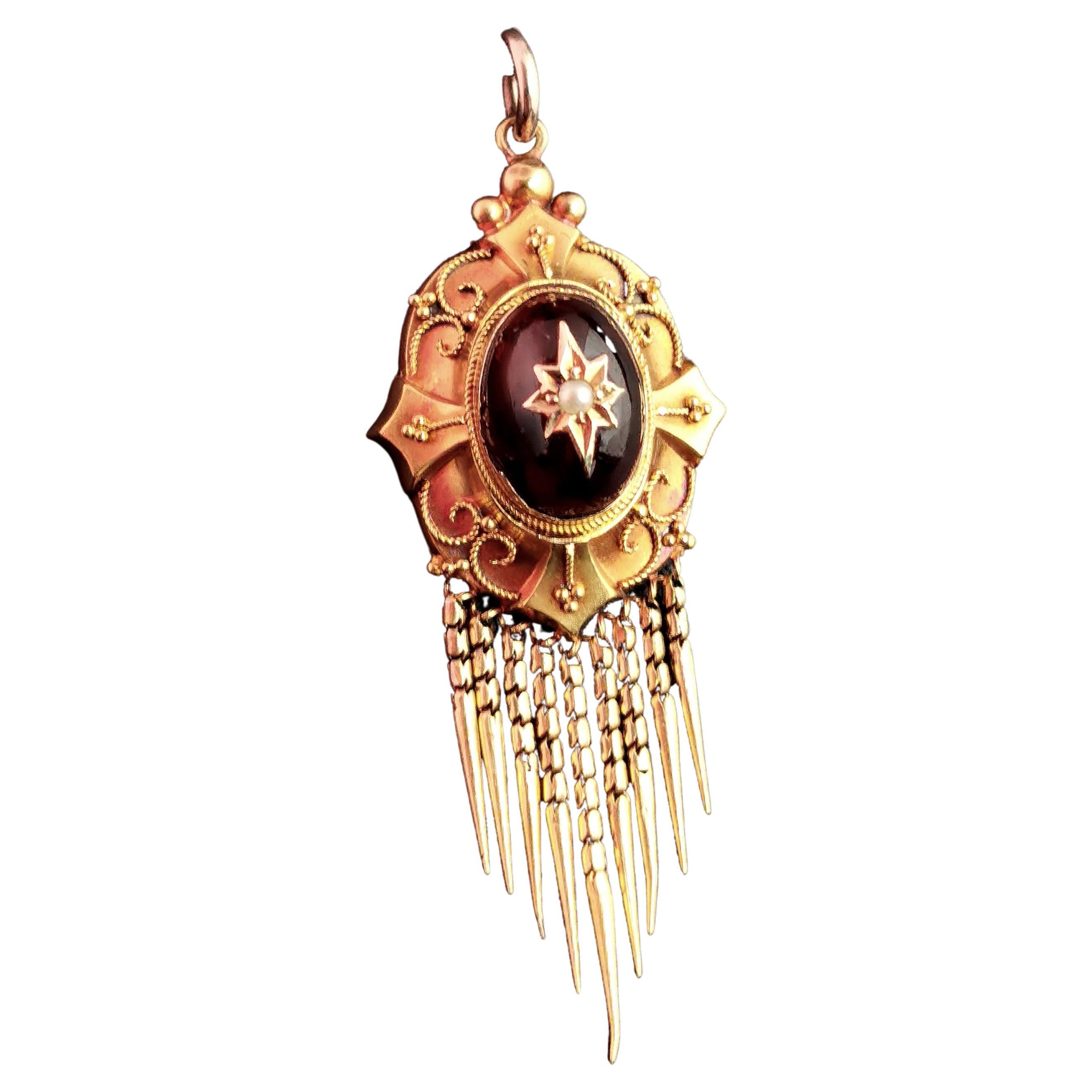Victorian Cabochon garnet tassel pendant, 9ct gold, Pearl star 