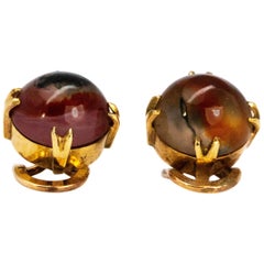 Victorian Cabochon Moss Agate and 9 Carat Gold Clip-On Earrings