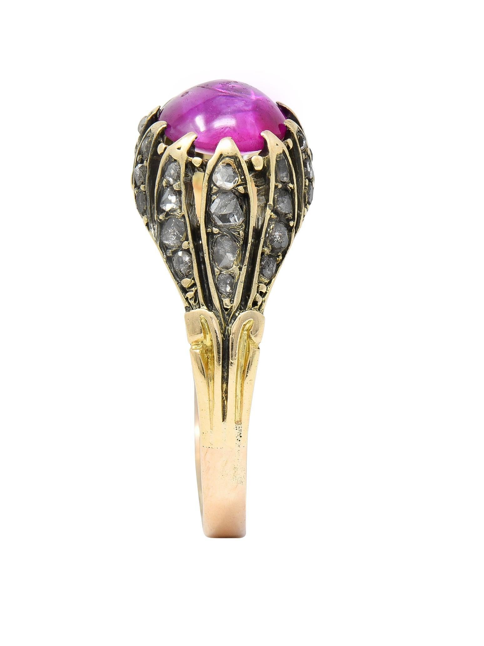 Victorian Cabochon Ruby Diamond 14 Karat Yellow Gold Foliate Antique Ring For Sale 5