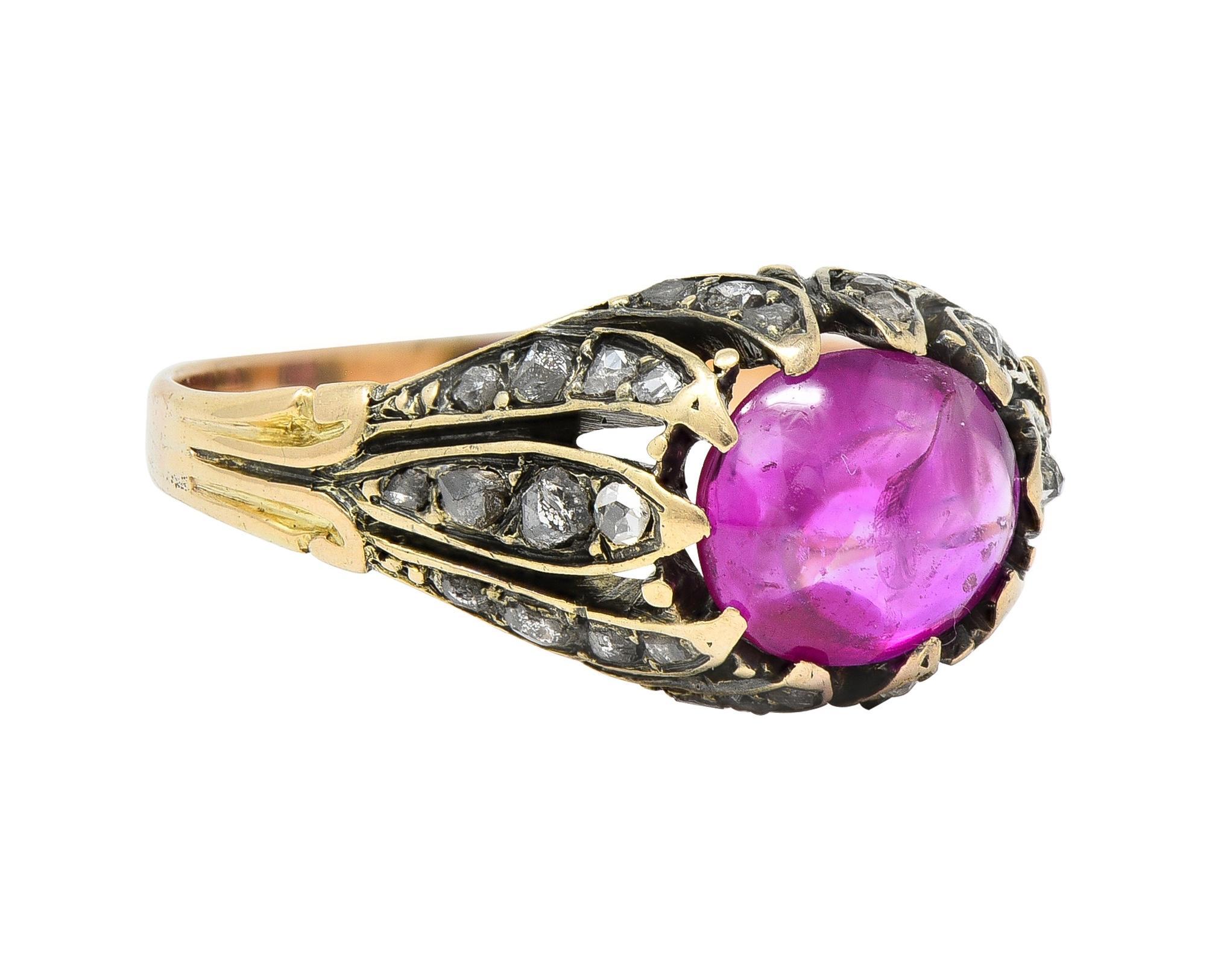 Rose Cut Victorian Cabochon Ruby Diamond 14 Karat Yellow Gold Foliate Antique Ring For Sale