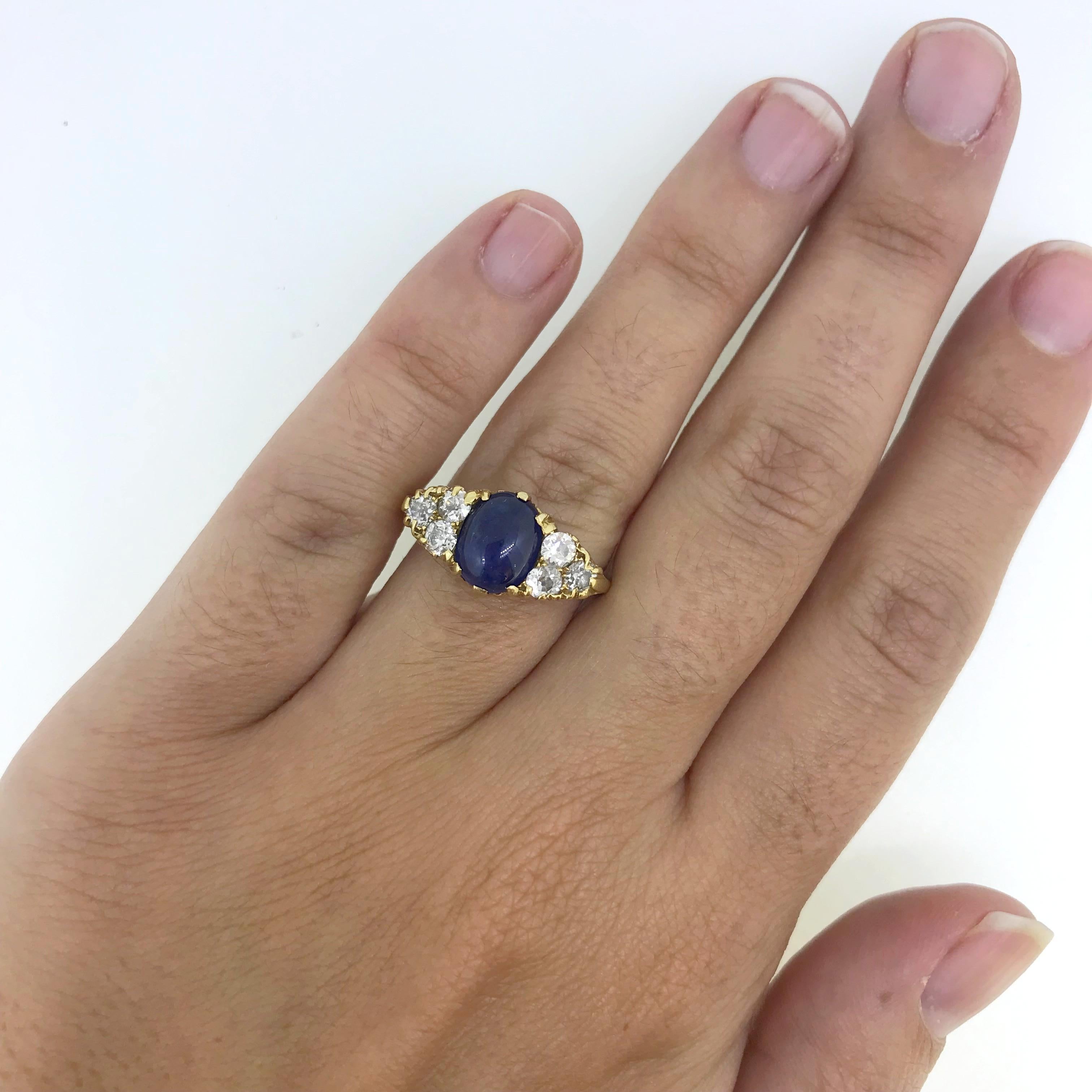 Victorian Cabochon Sapphire Old Cut Diamonds Yellow Gold Ring 2