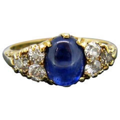 Antique Victorian Cabochon Sapphire Old Cut Diamonds Yellow Gold Ring