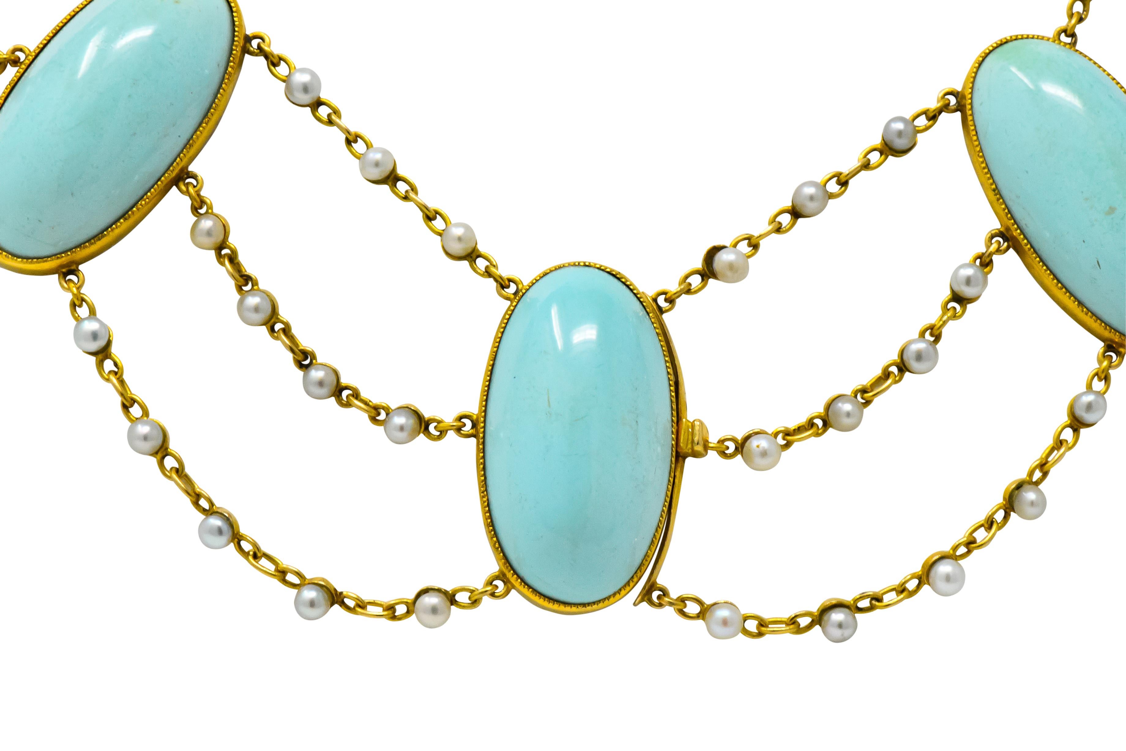 Victorian Cabochon Turquoise Pearl 14 Karat Gold Swag Necklace 2