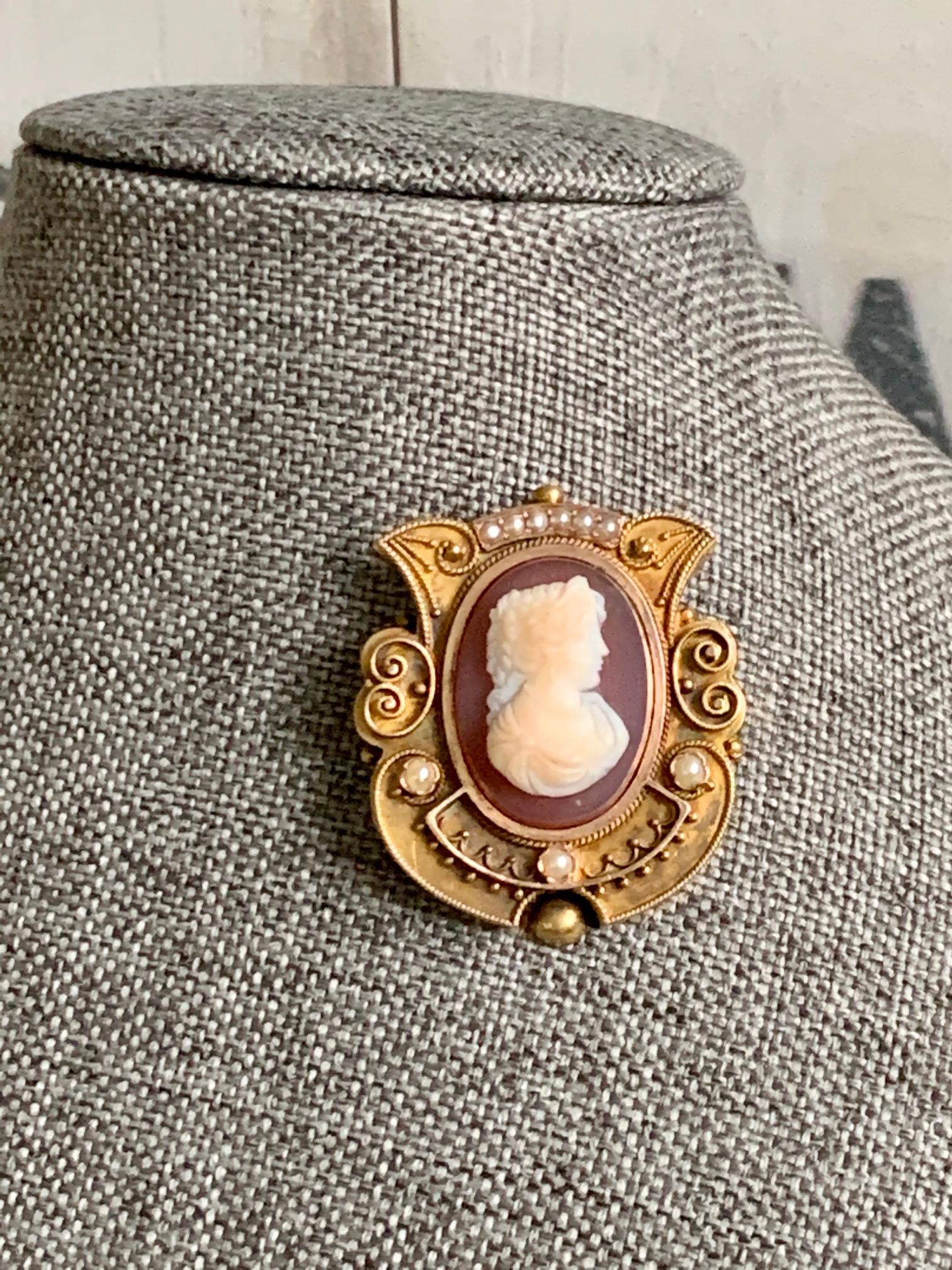 Victorian Cameo 14 Karat Pendant / Brooch In Good Condition For Sale In St. Louis Park, MN