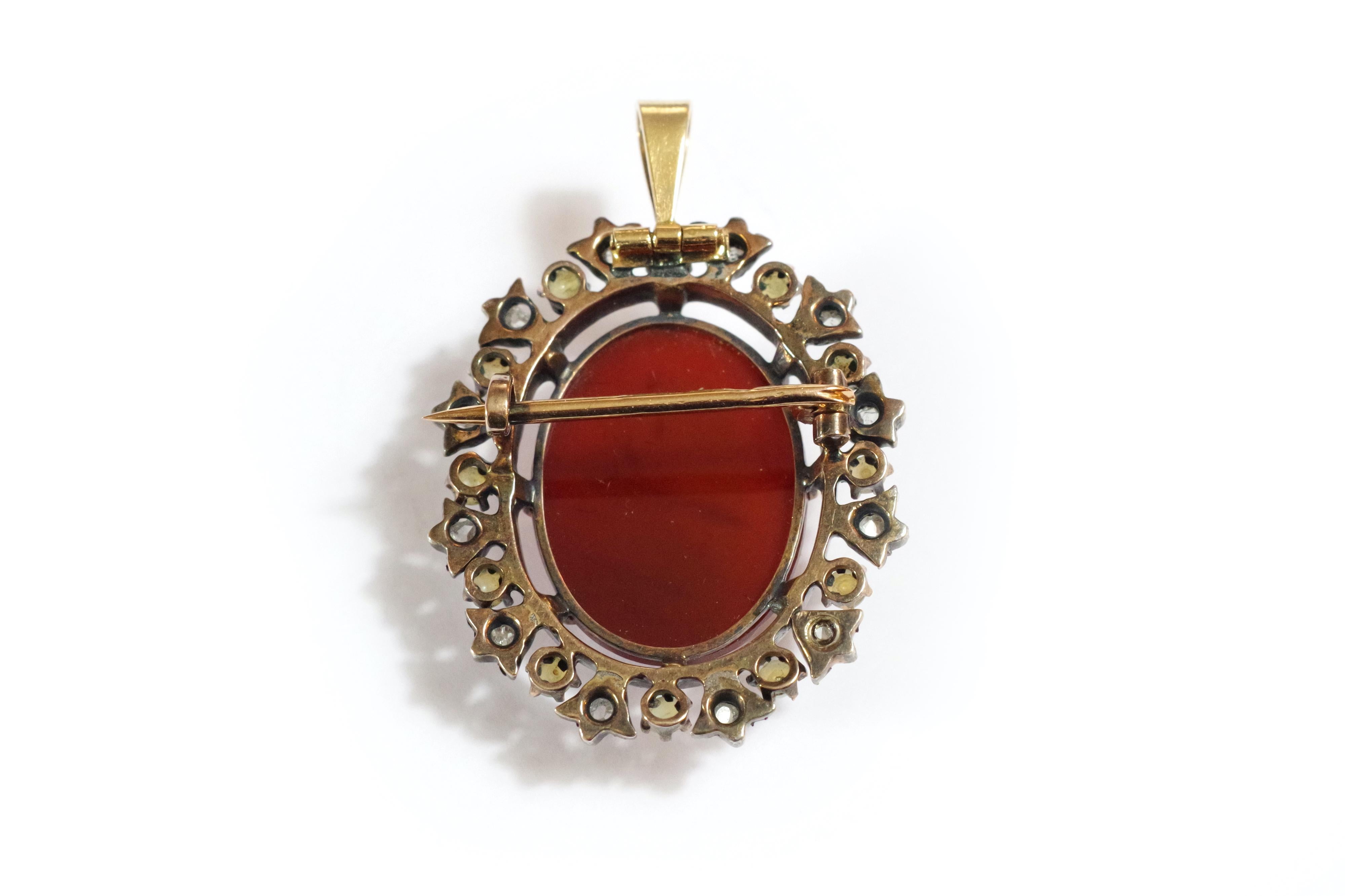 Rose Cut Victorian Cameo Agate Brooch Pendant in 18k Gold and Silver