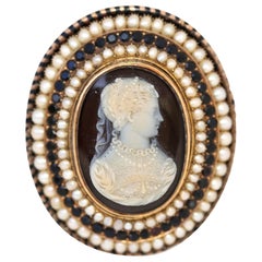 Antique Victorian Cameo Agate Pearl Garnet Yellow Gold  Brooch, 1860
