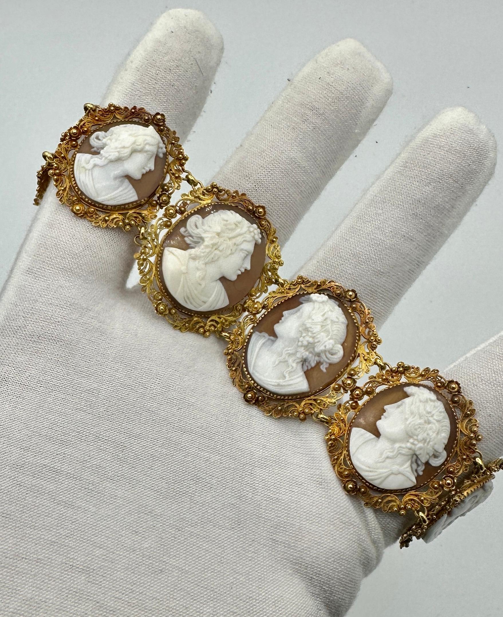 Victorian Cameo Bracelet 14 Karat Gold Neoclassical Goddess Maiden Circa 1860 For Sale 9