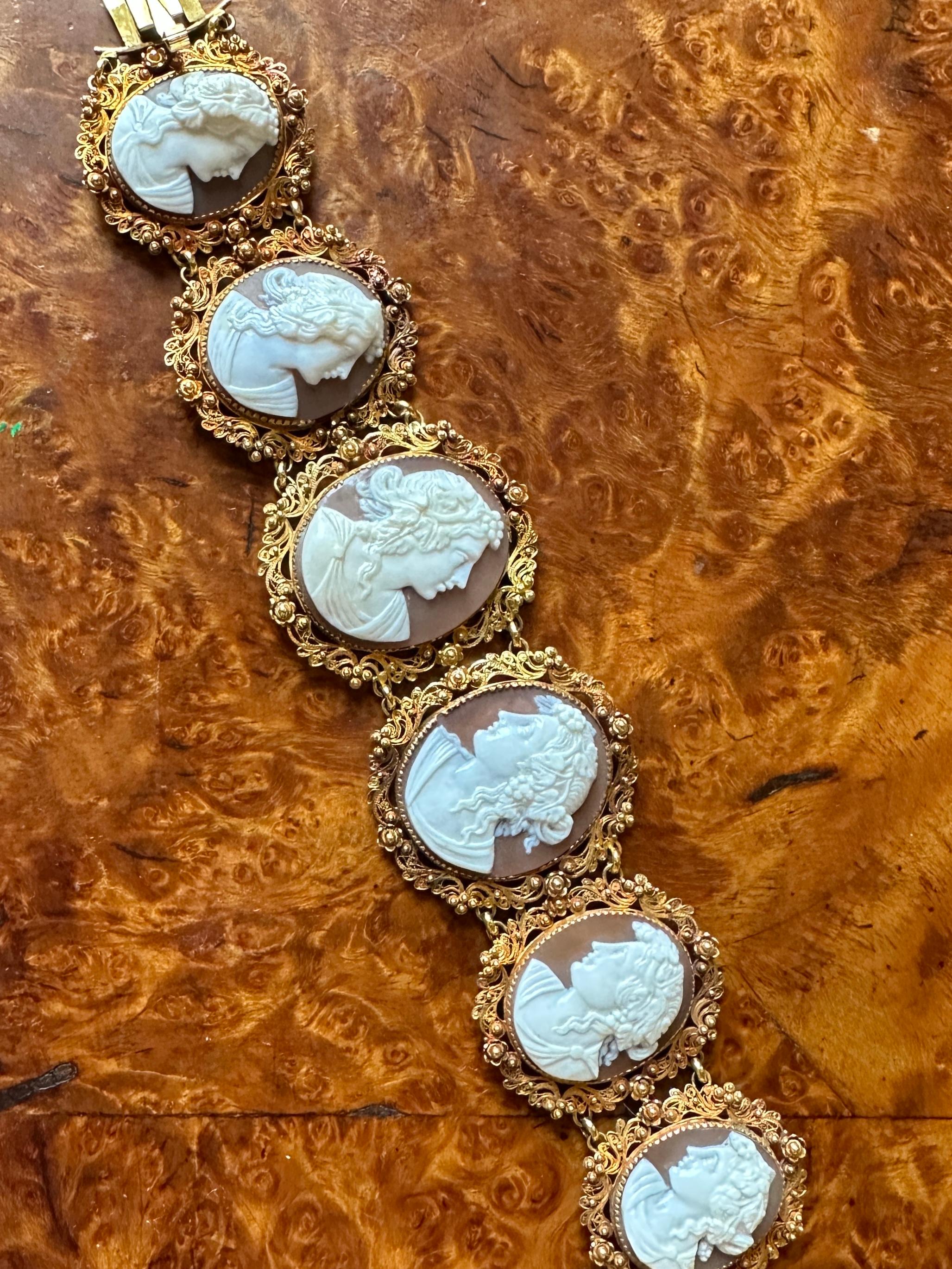 Women's Victorian Cameo Bracelet 14 Karat Gold Neoclassical Goddess Maiden Circa 1860 For Sale