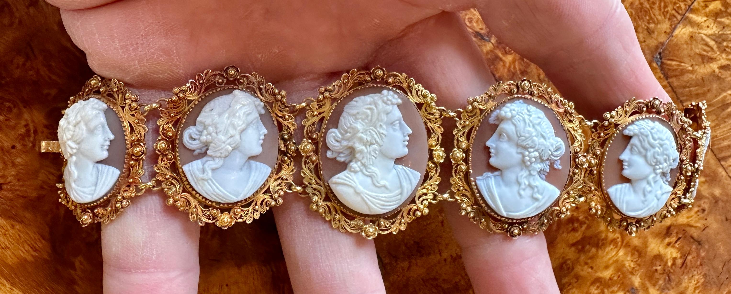 Victorian Cameo Bracelet 14 Karat Gold Neoclassical Goddess Maiden Circa 1860 For Sale 1