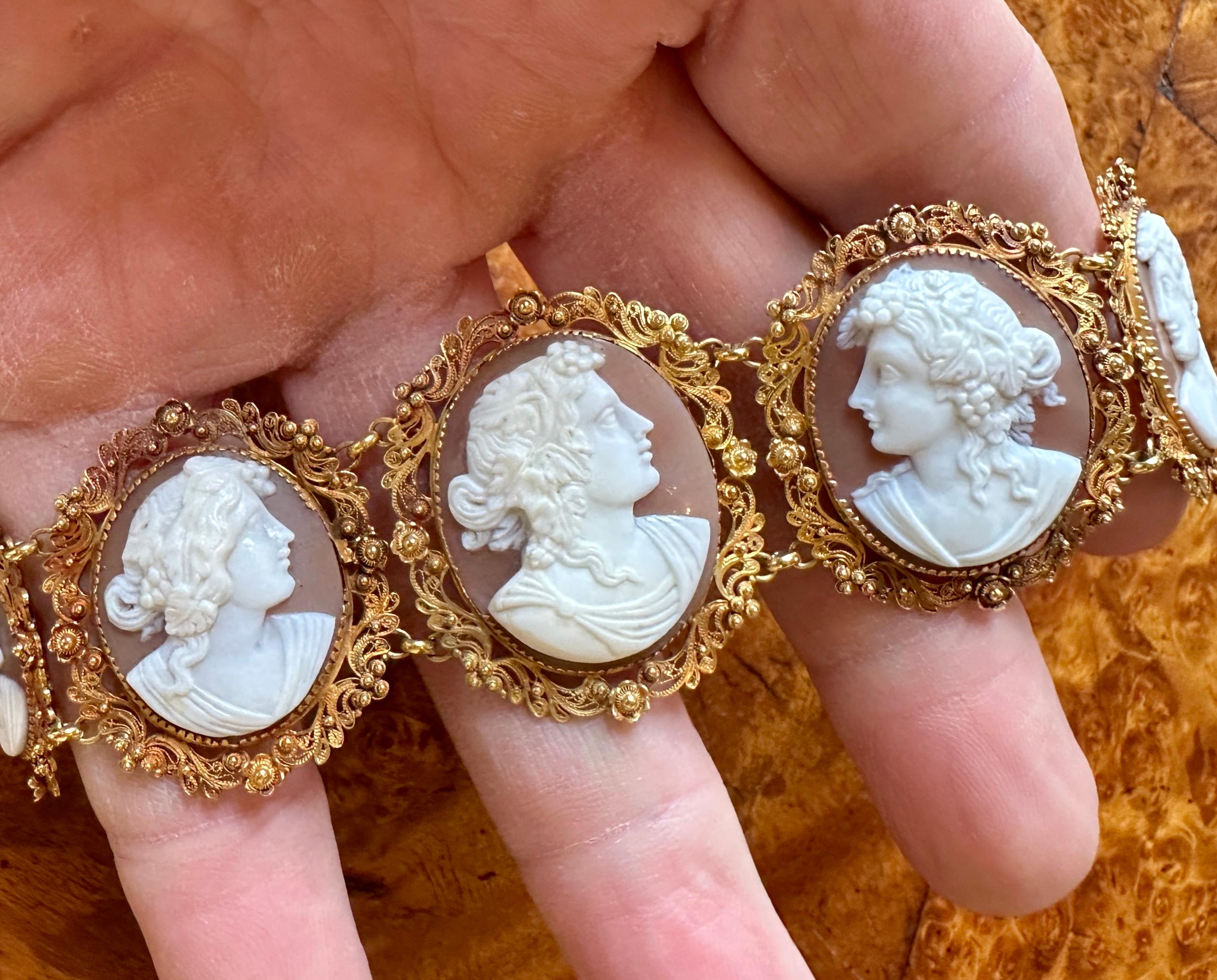 Victorian Cameo Bracelet 14 Karat Gold Neoclassical Goddess Maiden Circa 1860 For Sale 2