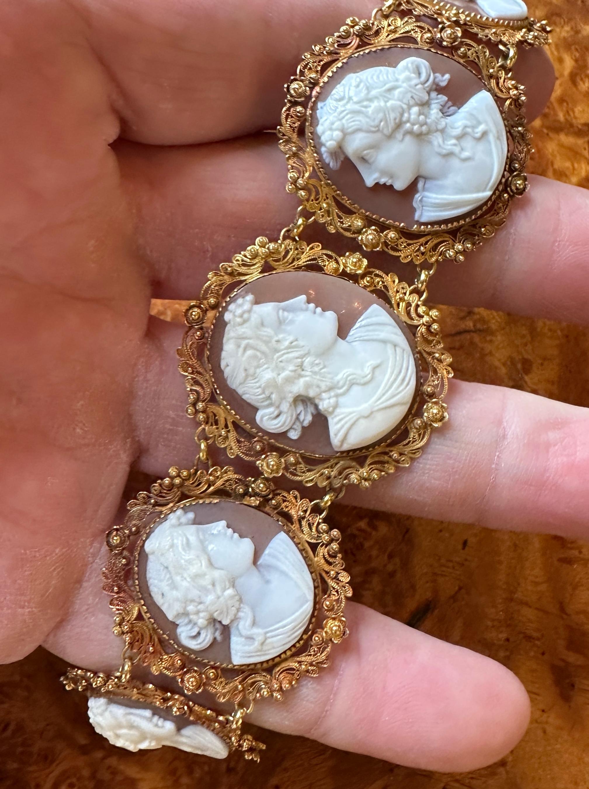 Victorian Cameo Bracelet 14 Karat Gold Neoclassical Goddess Maiden Circa 1860 For Sale 3