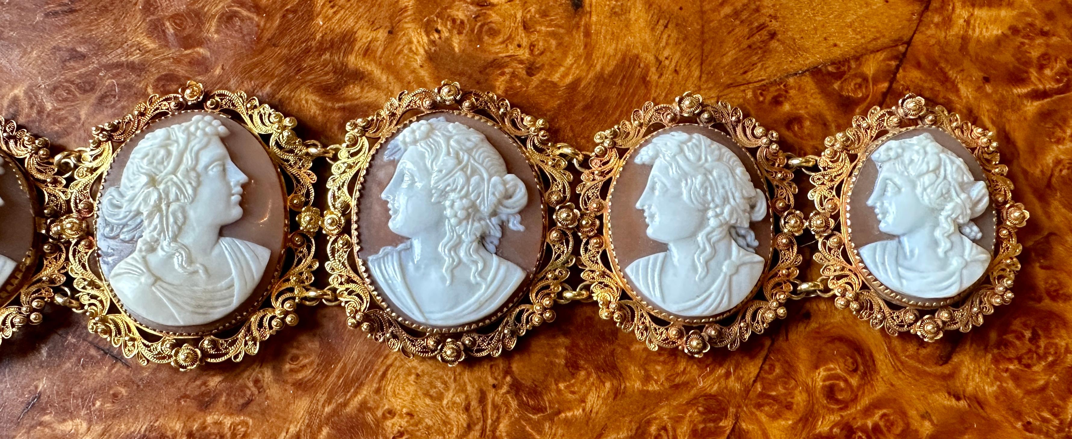 Victorian Cameo Bracelet 14 Karat Gold Neoclassical Goddess Maiden Circa 1860 For Sale 5