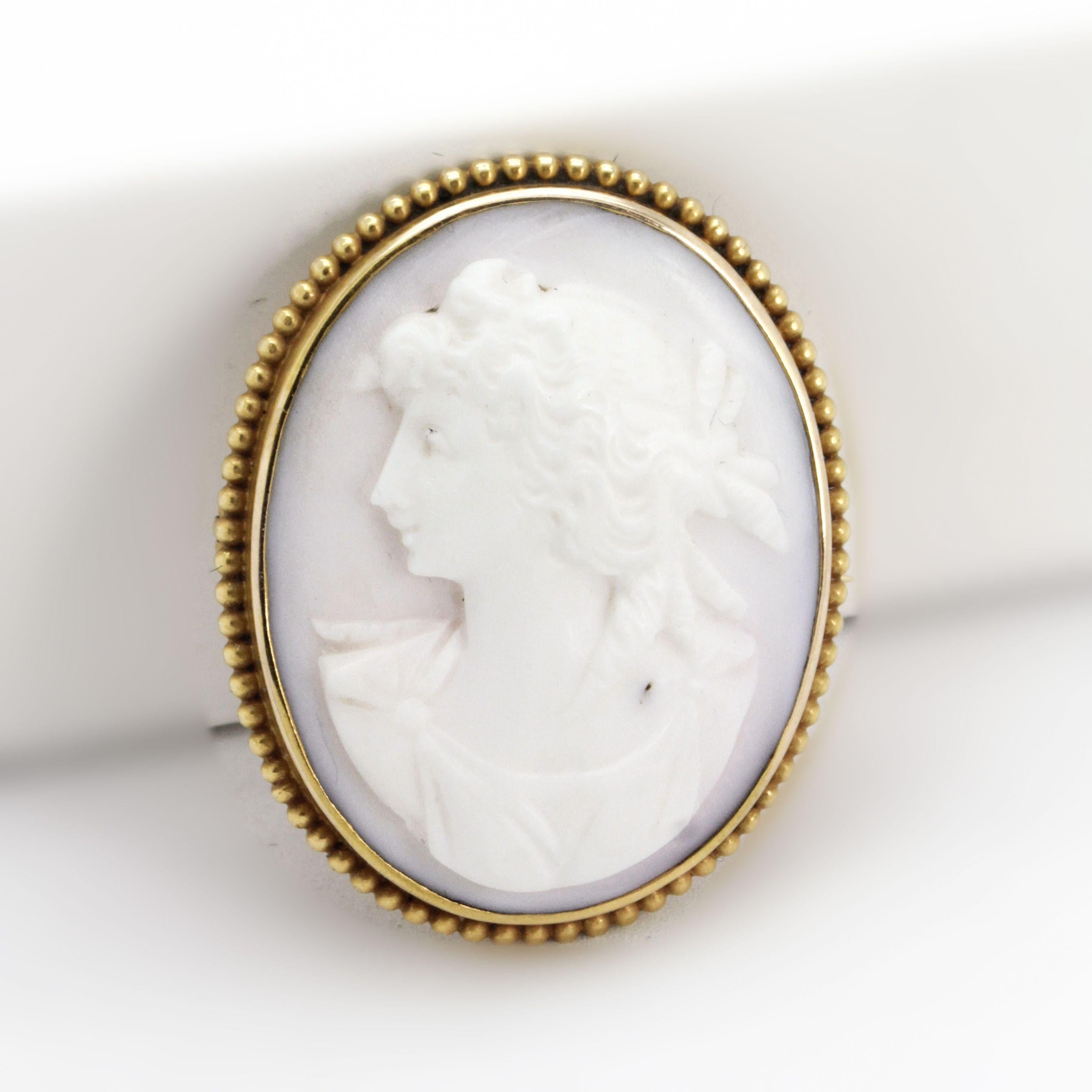 Women's or Men's Victorian Cameo Brooch, Intricate Carving of Lady with Long, Curly Locks For Sale