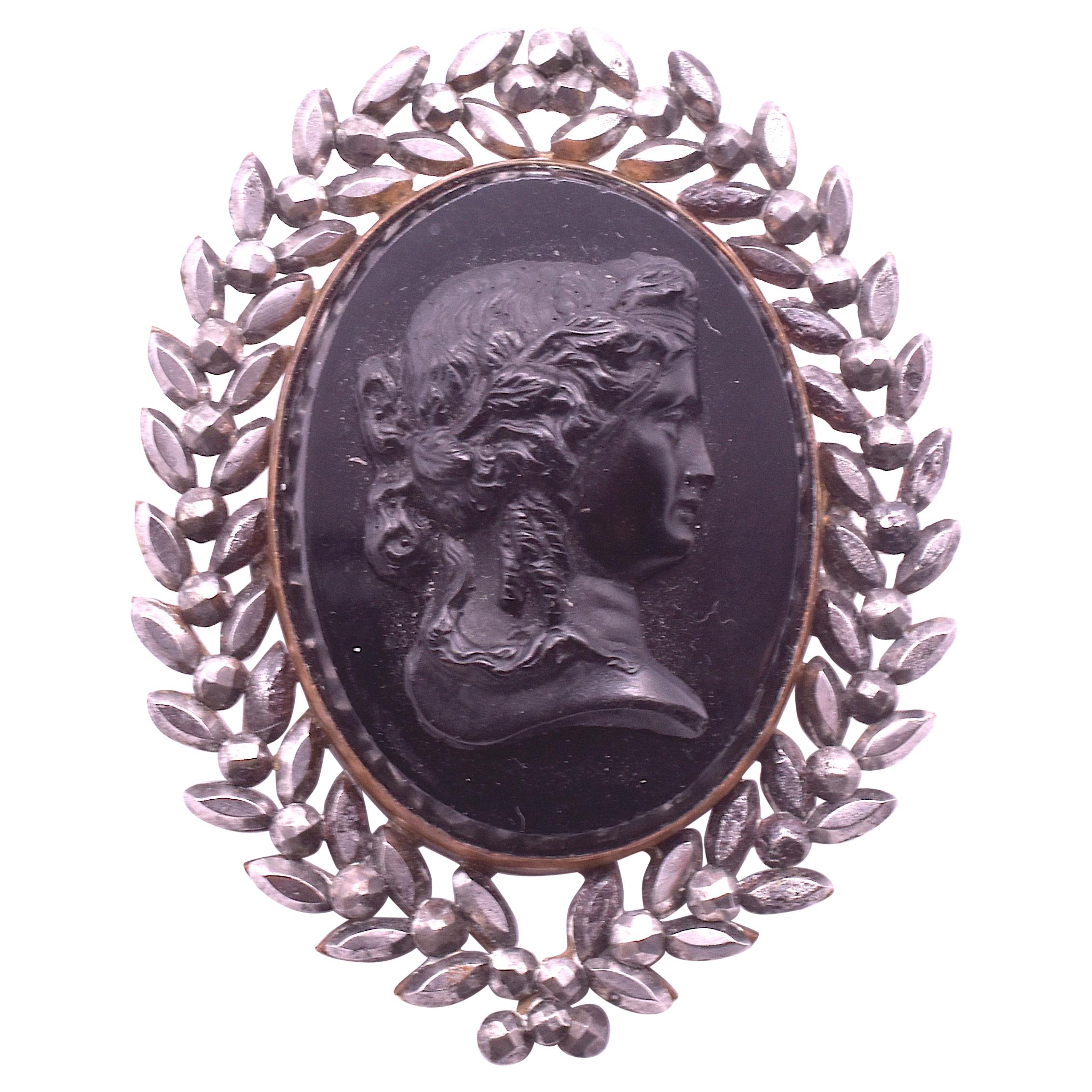 Victorian Cameo Brooch of a Bacchante in French Jet and Cut Steel