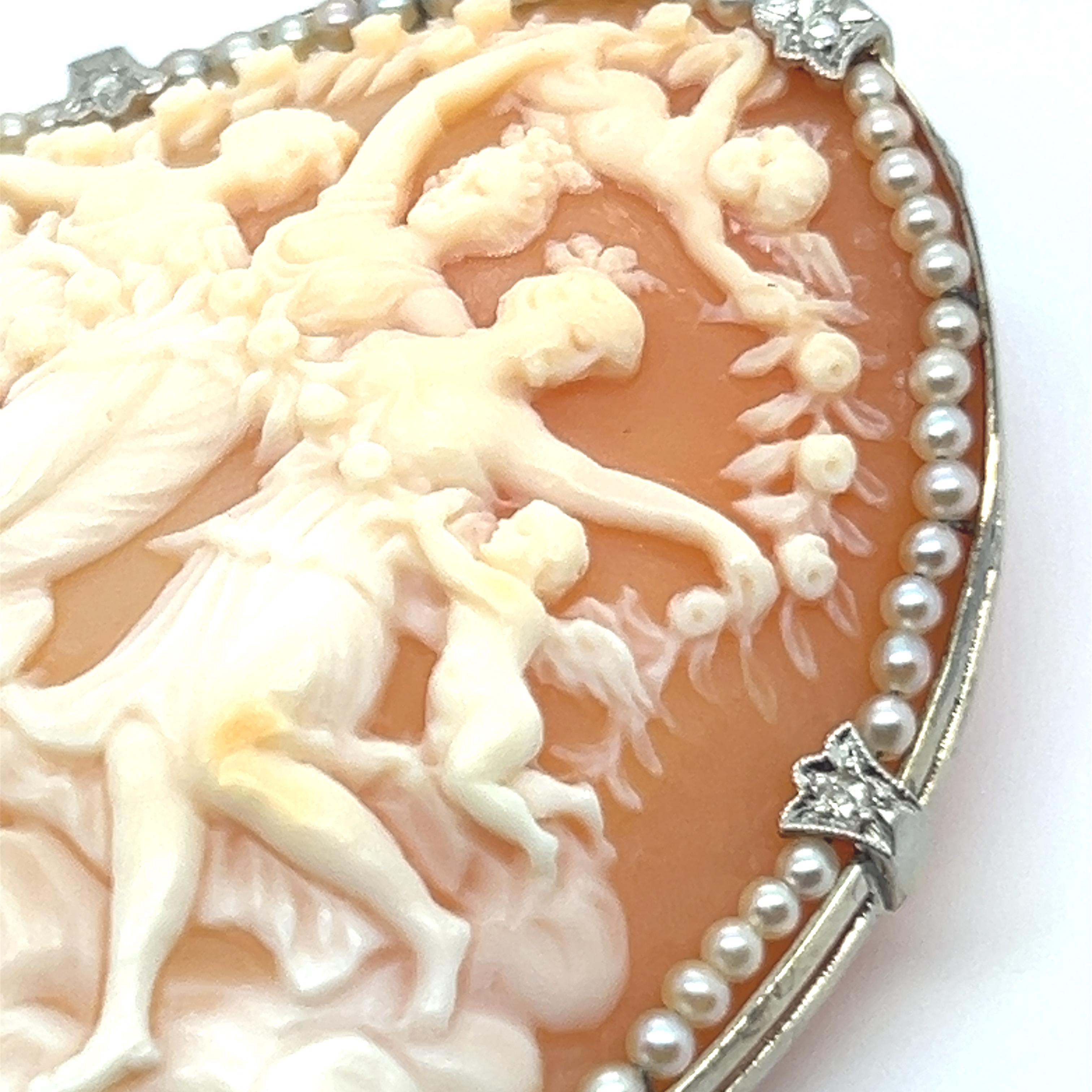 Old European Cut Victorian Cameo Brooch with Pearls & Damonds in Platinum For Sale