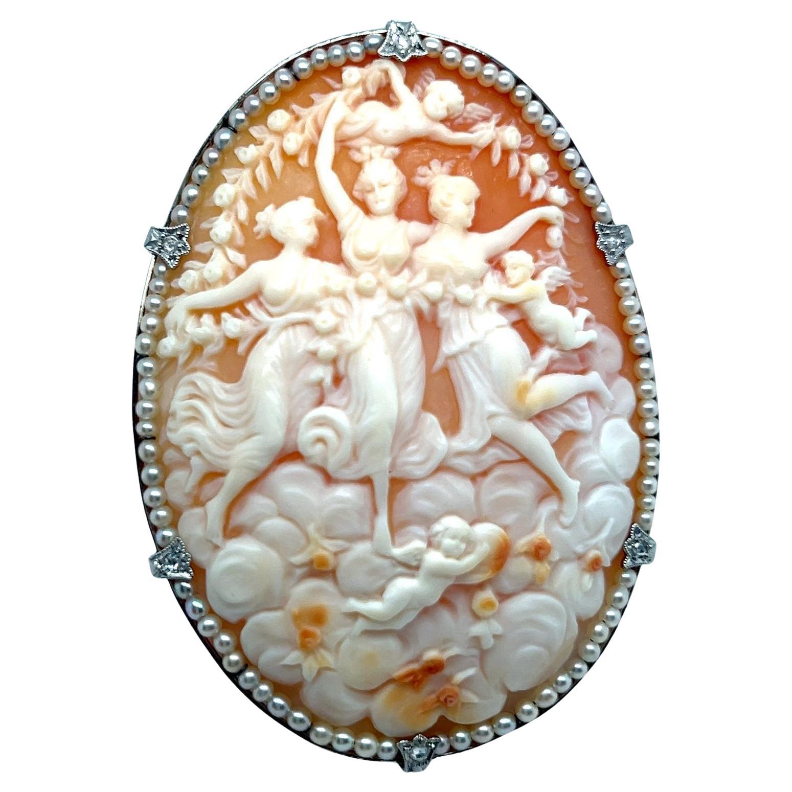 Victorian Cameo Brooch with Pearls & Damonds in Platinum