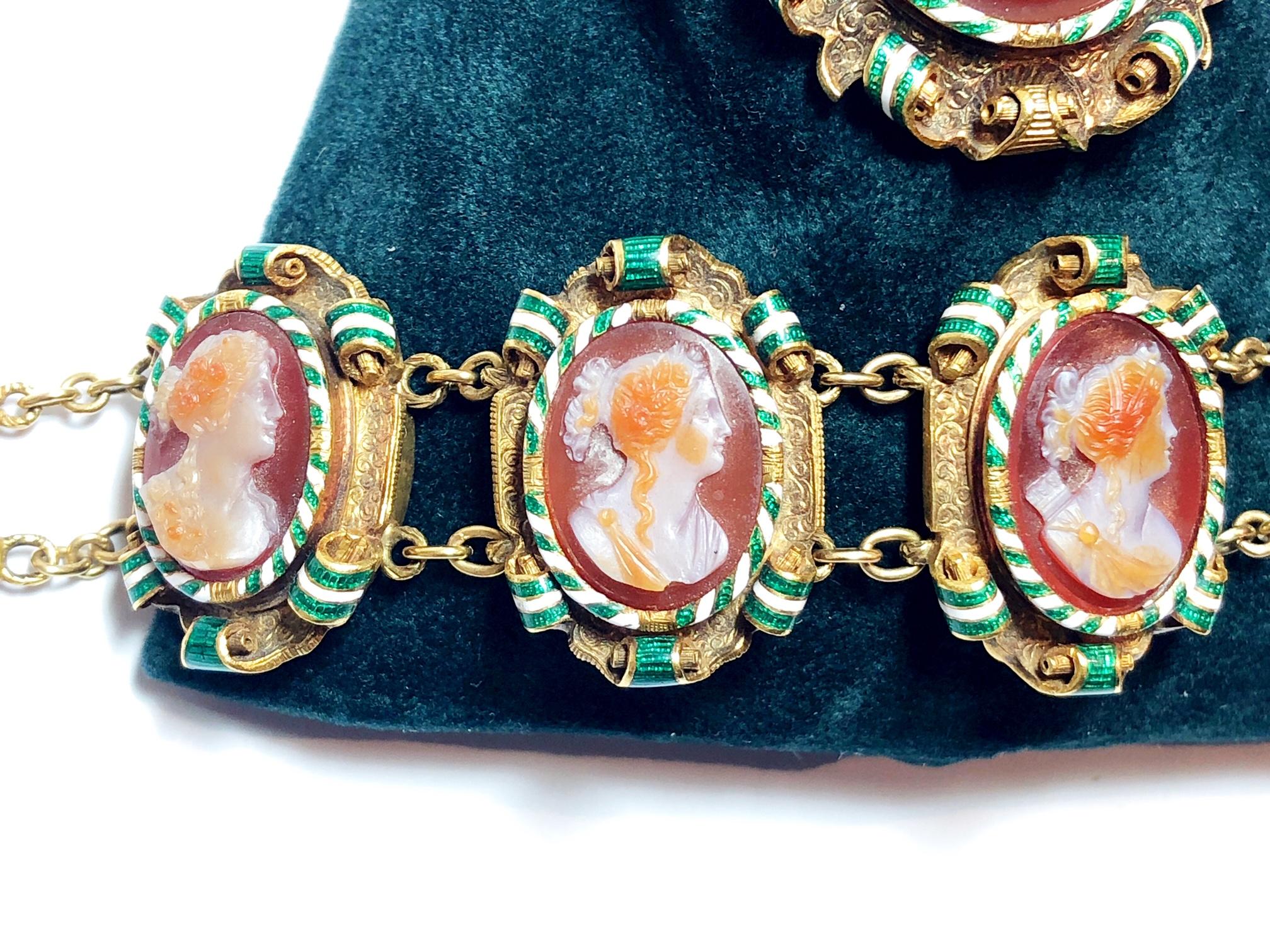 Women's or Men's Victorian Cameo Carnelian Gold Enamel Suite of Brooch and Bracelet