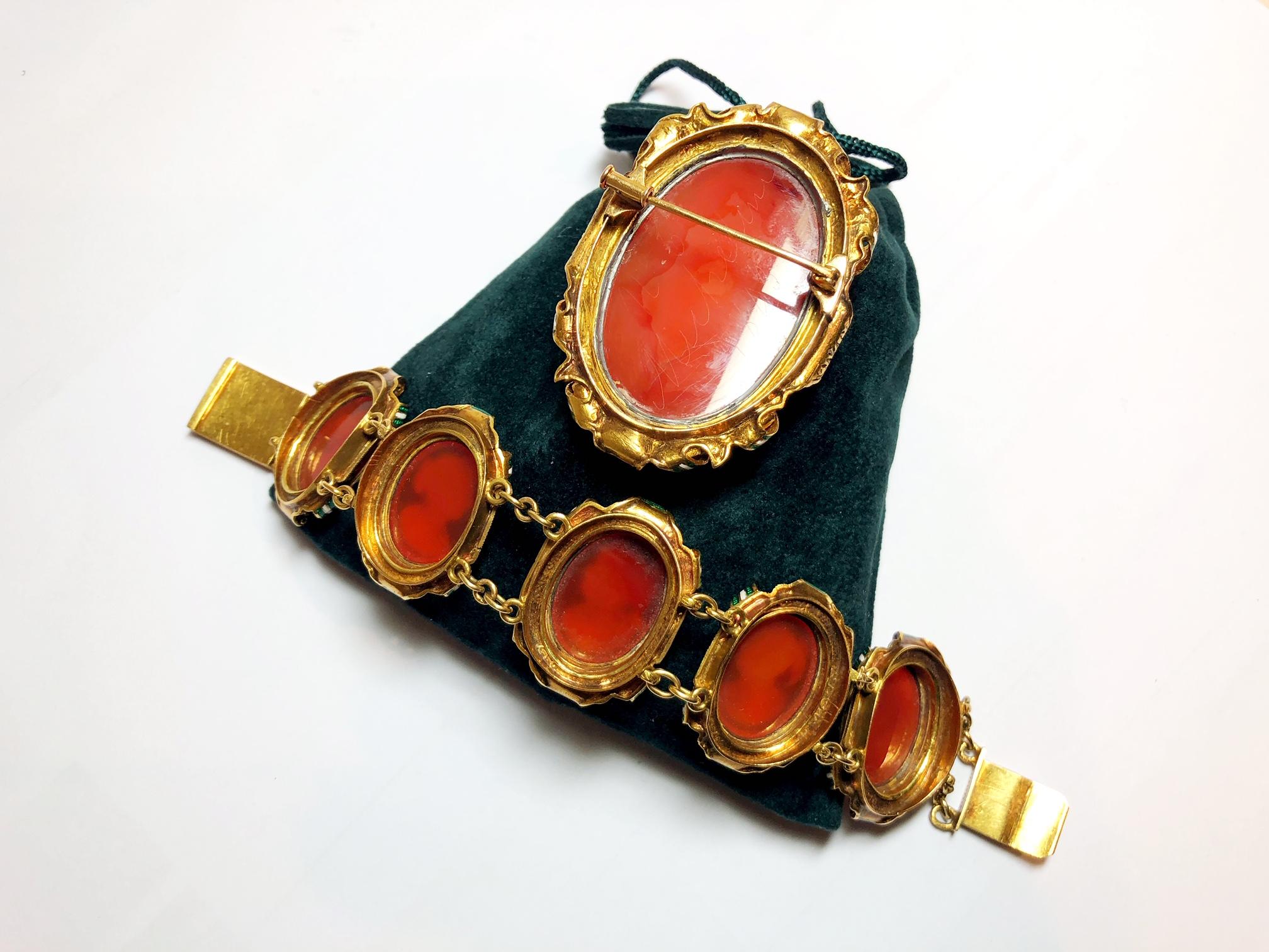 Victorian Cameo Carnelian Gold Enamel Suite of Brooch and Bracelet 2