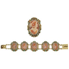 Victorian Cameo Carnelian Gold Enamel Suite of Brooch and Bracelet
