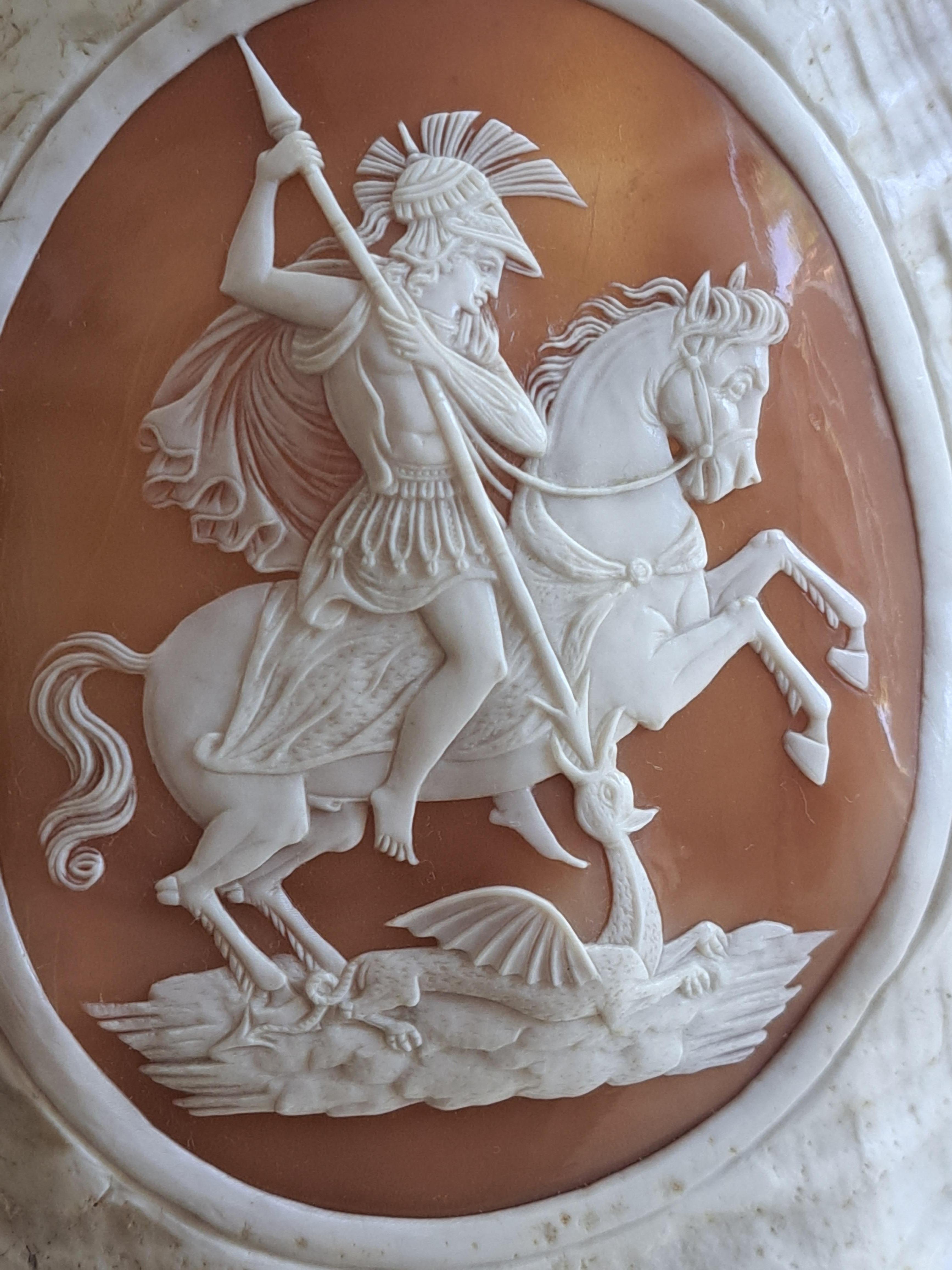 Italian Victorian Cameo Carved Conch Shell c1880 St George Dragon Antique For Sale