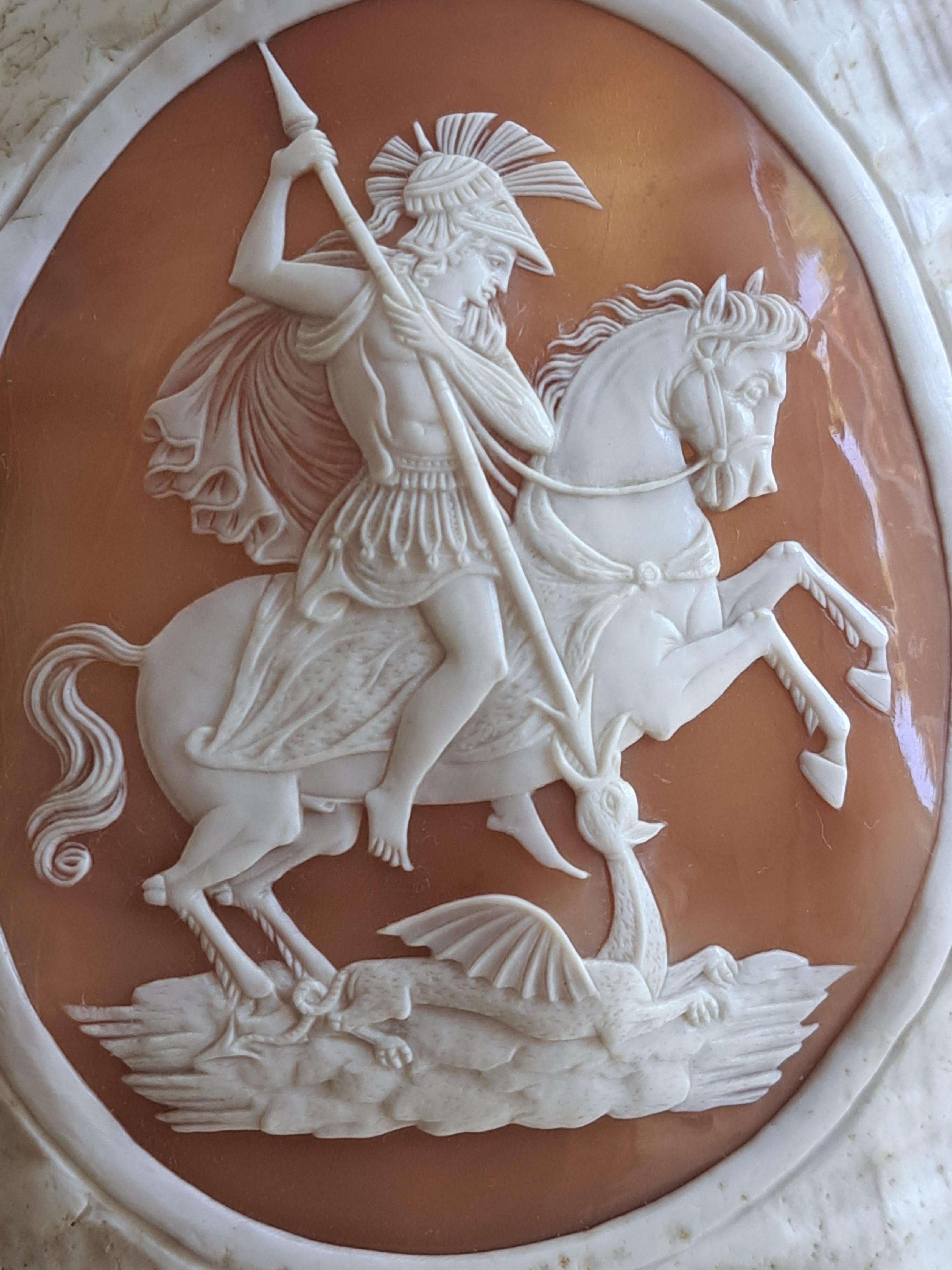 Victorian Cameo Carved Conch Shell c1880 St George Dragon Antique For Sale 3