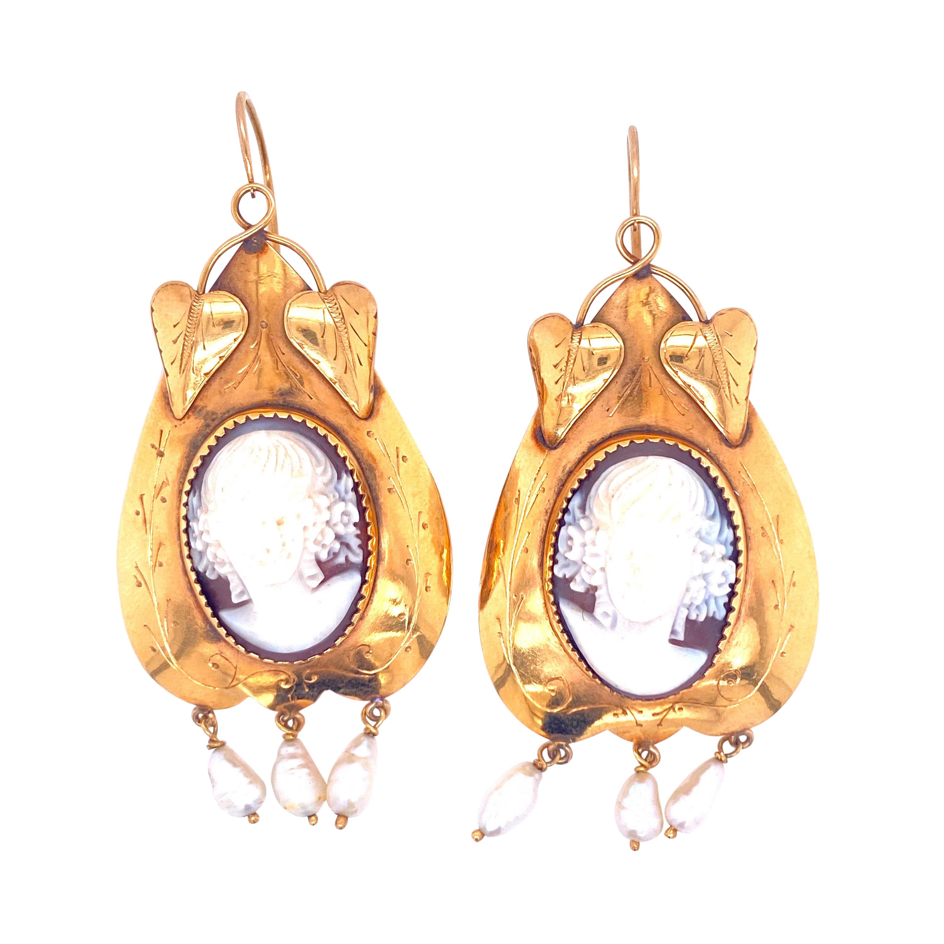 Victorian Cameo Pearls Gold Earrings