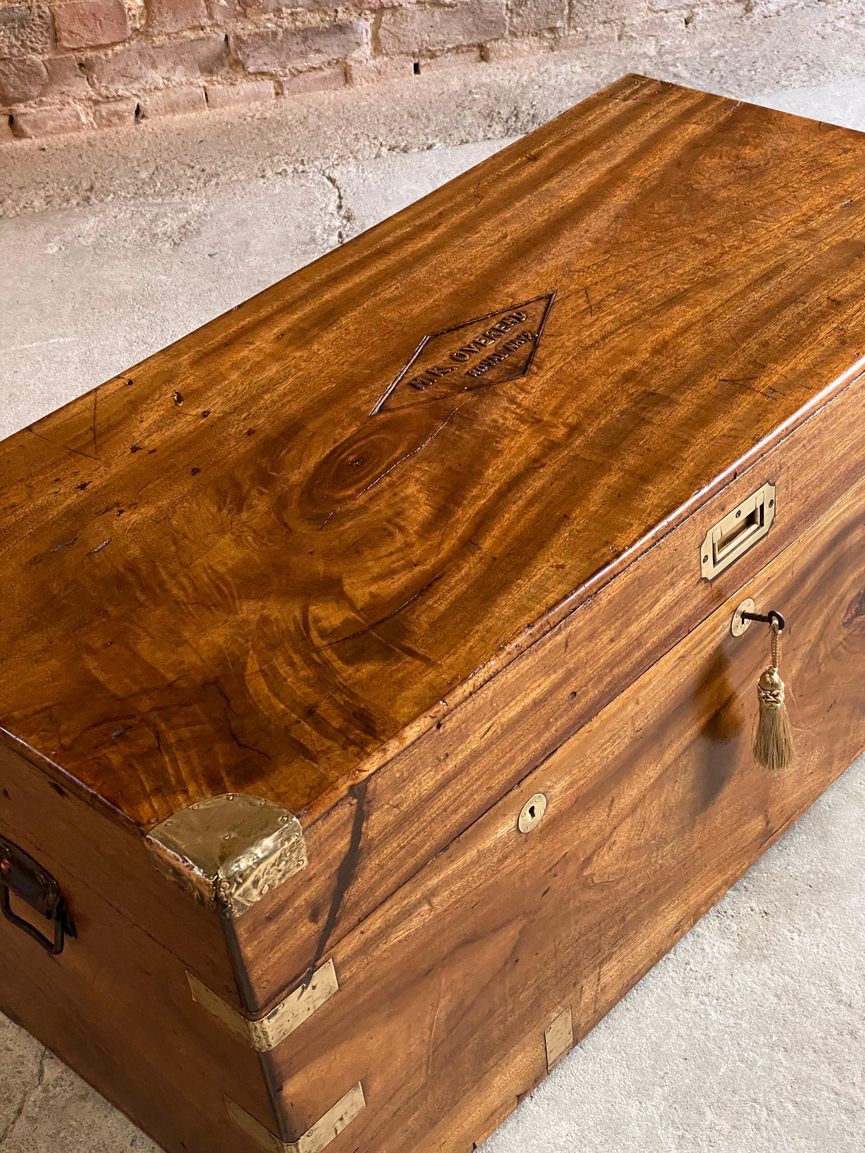 Victorian Campaign Trunk Chest Teak Camphor Wood Royal Navy Interest, circa 1890 In Good Condition In Longdon, Tewkesbury