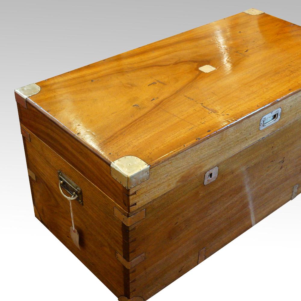 Victorian camphorwood Campaign chest
This Victorian camphorwood Campaign chest was made circa 1870 and would have been purchased by a commissioned officer for transporting his uniforms and precious items to where he was to serve.
These Campaign