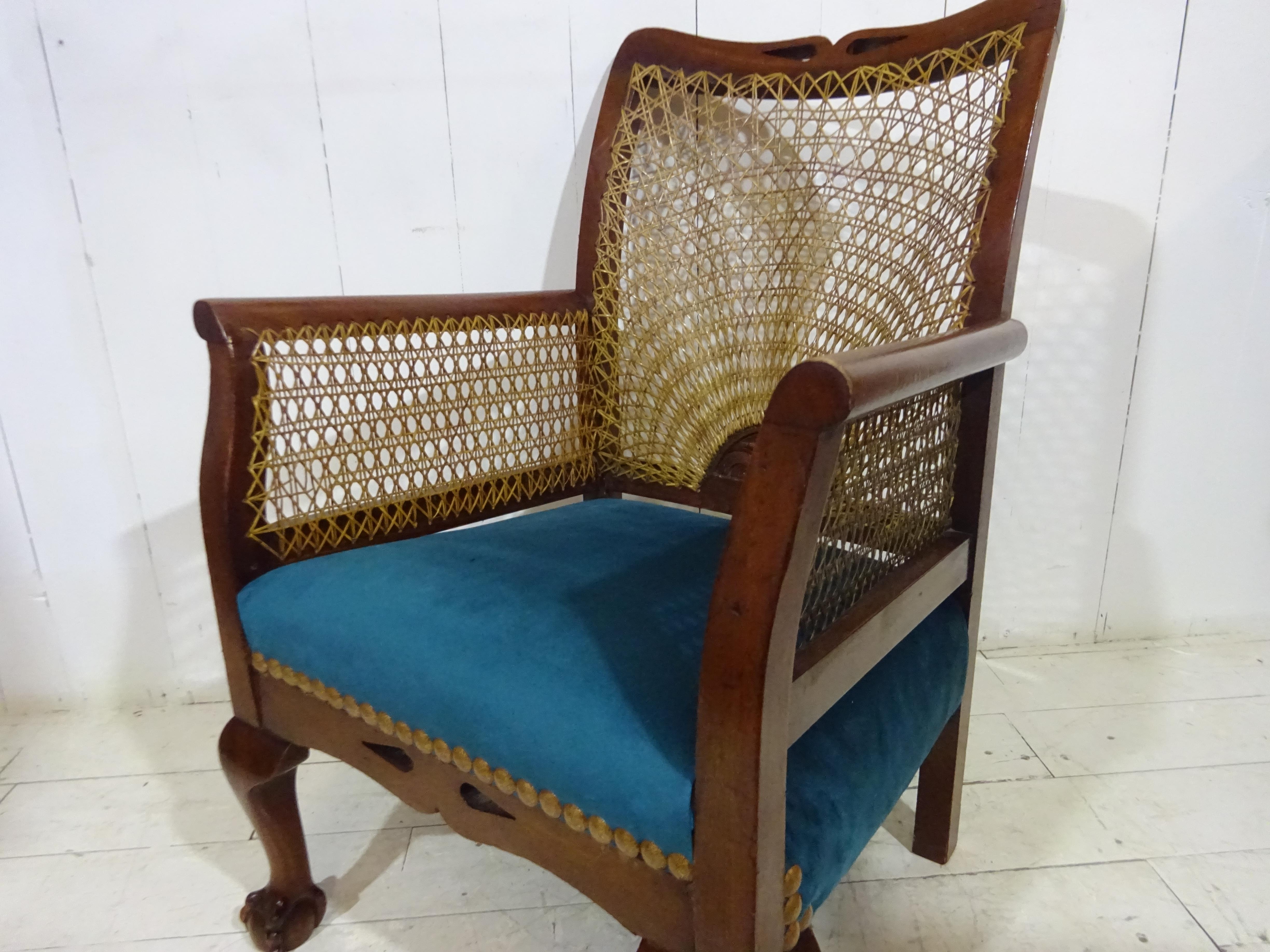 British Victorian Cane Back Hall Chair with Velvet Seat