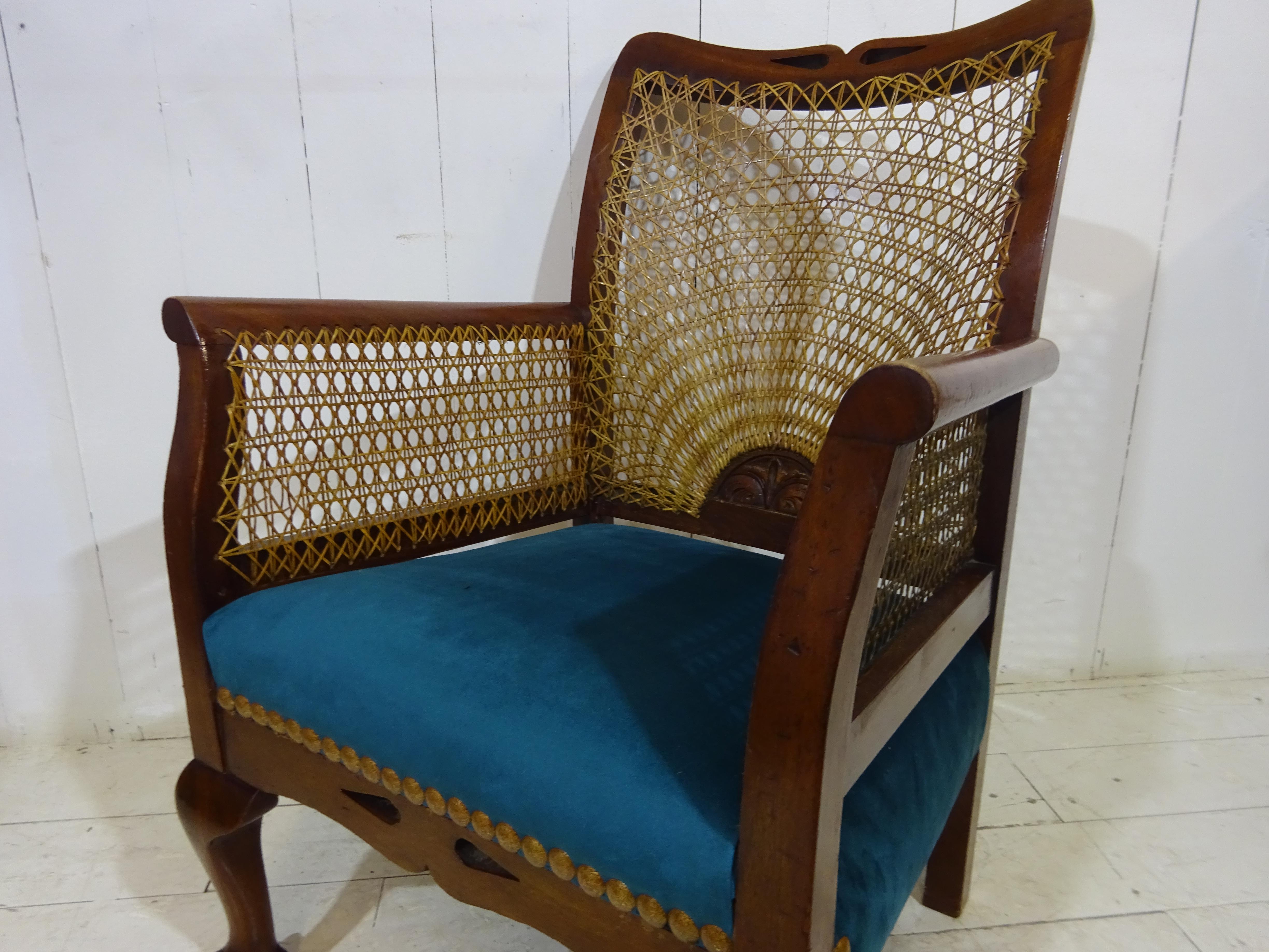 19th Century Victorian Cane Back Hall Chair with Velvet Seat