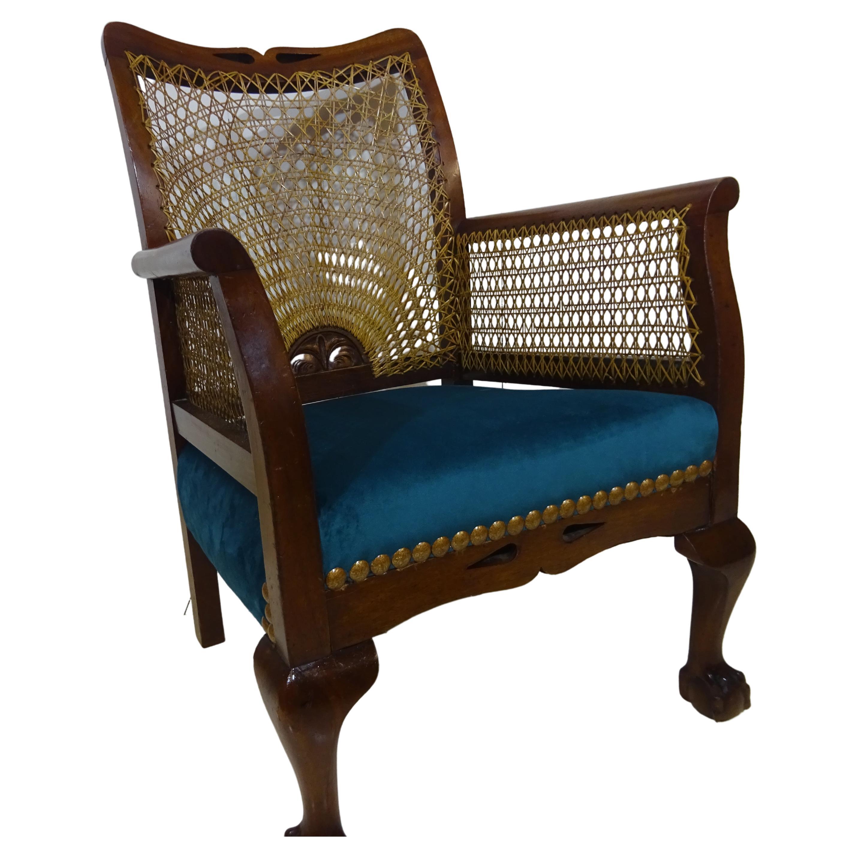 Victorian Cane Back Hall Chair with Velvet Seat