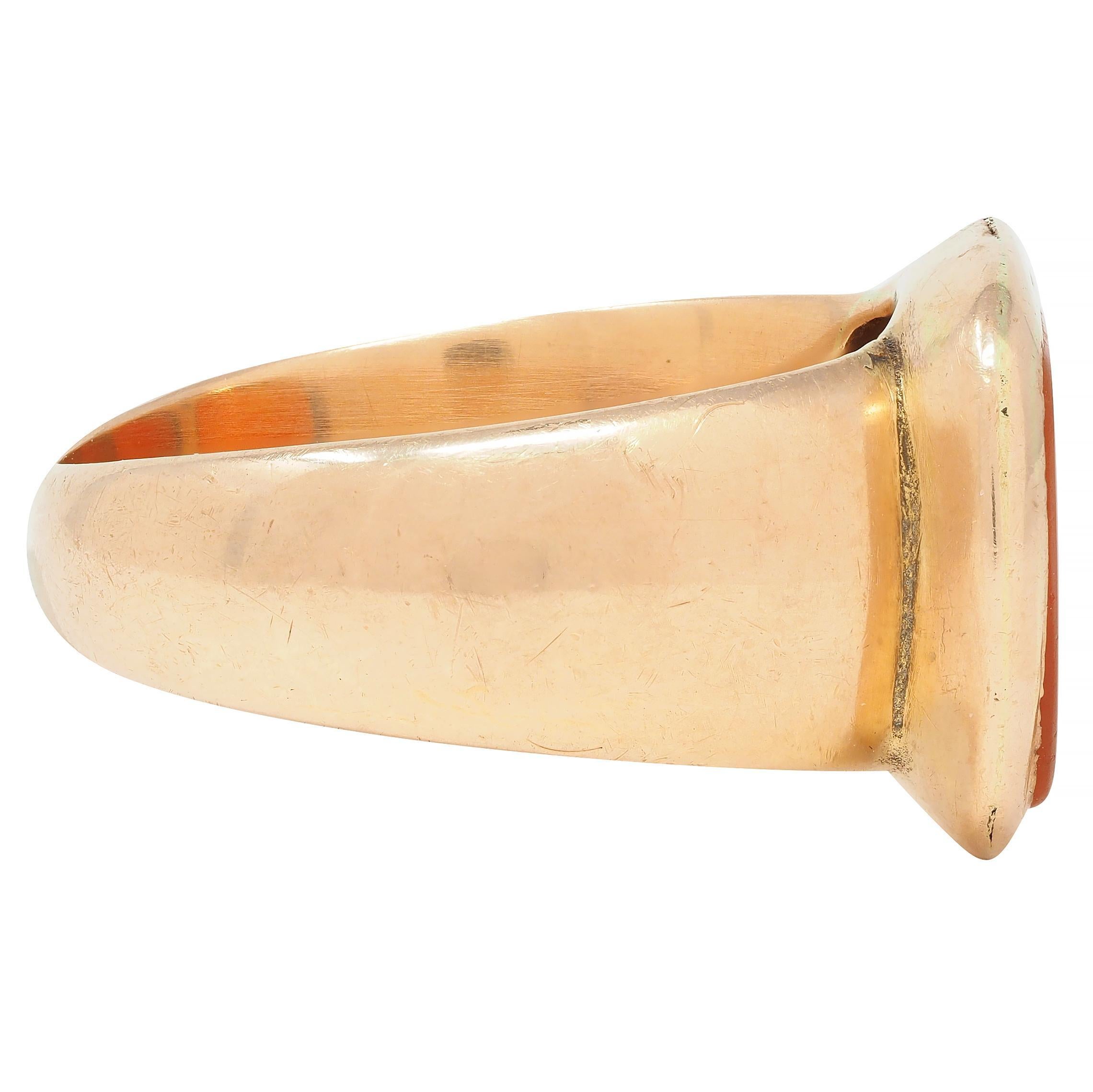 Cushion Cut Victorian Carnelian 14 Karat Rose Gold Antique Unisex Signet Ring For Sale